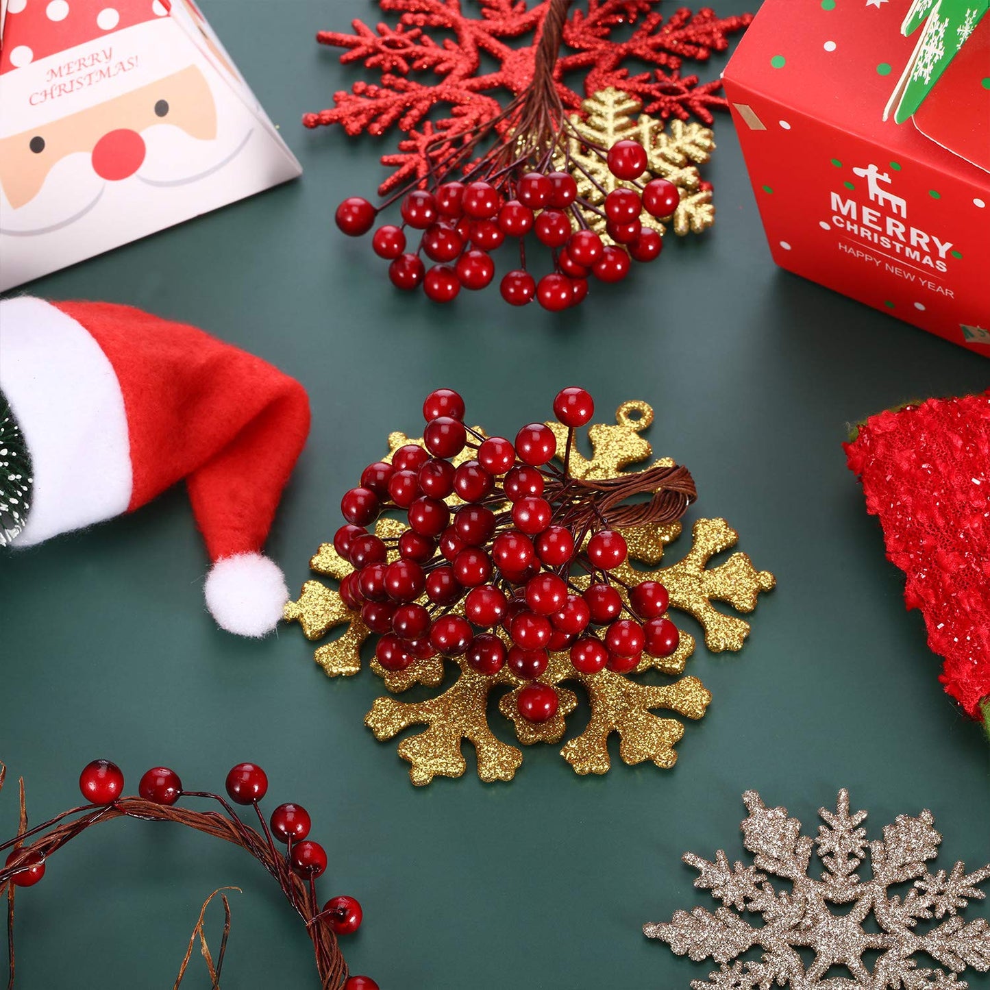 BBTO Artificial Holly Berries on Wire Stems, 250 Stems with 500 Pieces 8 mm Fake Berries for Tree Decorations Wreath Craft Use Wedding Party Favor (Dark Red) - Medaid International