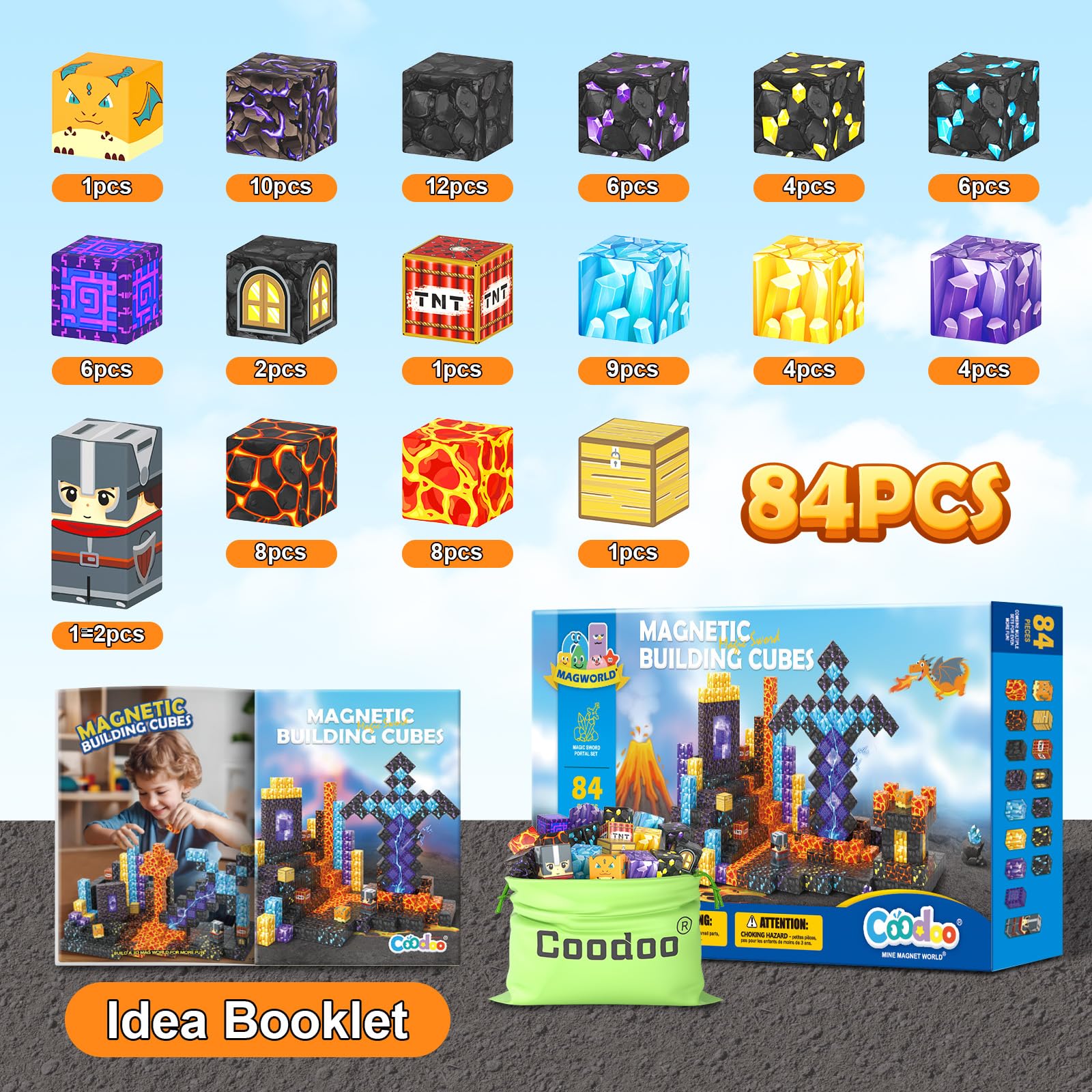 Coodoo Magnetic Blocks - Build Mine Magnet World Magic Sword Portal Set, Building Toys Magnetic Tiles for Kids 3+, Classroom Must Haves Sensory Toddlers Toys Kids Games Gift for Boys & Girls 3-5 5-7 - Medaid International