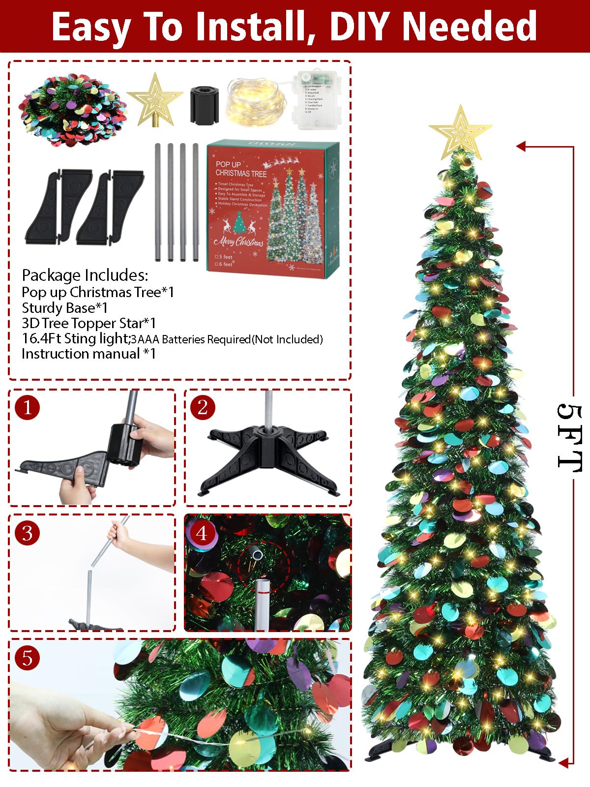 HMASYO 5 FT Pop Up Christmas Tree with Timer Lights, Green Christmas Tinsel Tree, Collapsible Artificial Pencil Christmas Tree for Indoor Home Apartment Porch Holiday Party Decorations - Medaid International