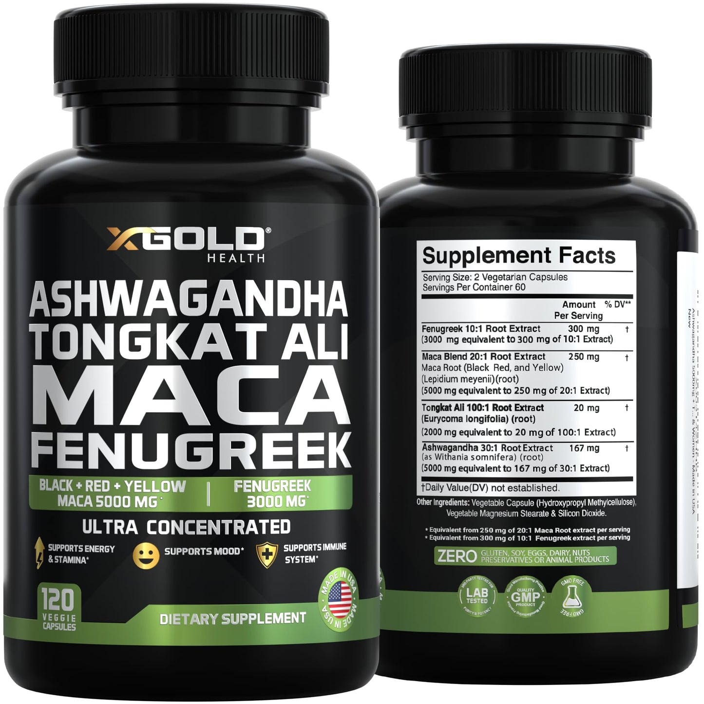 Ashwagandha 5000mg + Tongkat Ali 1000mg + Maca Root 5000mg + Fenugreek 3000mg Supplement | Black + Red + Yellow Maca Root Extract & Fenugreek Herbal Supplements for Men & Women - Made in USA - Medaid International
