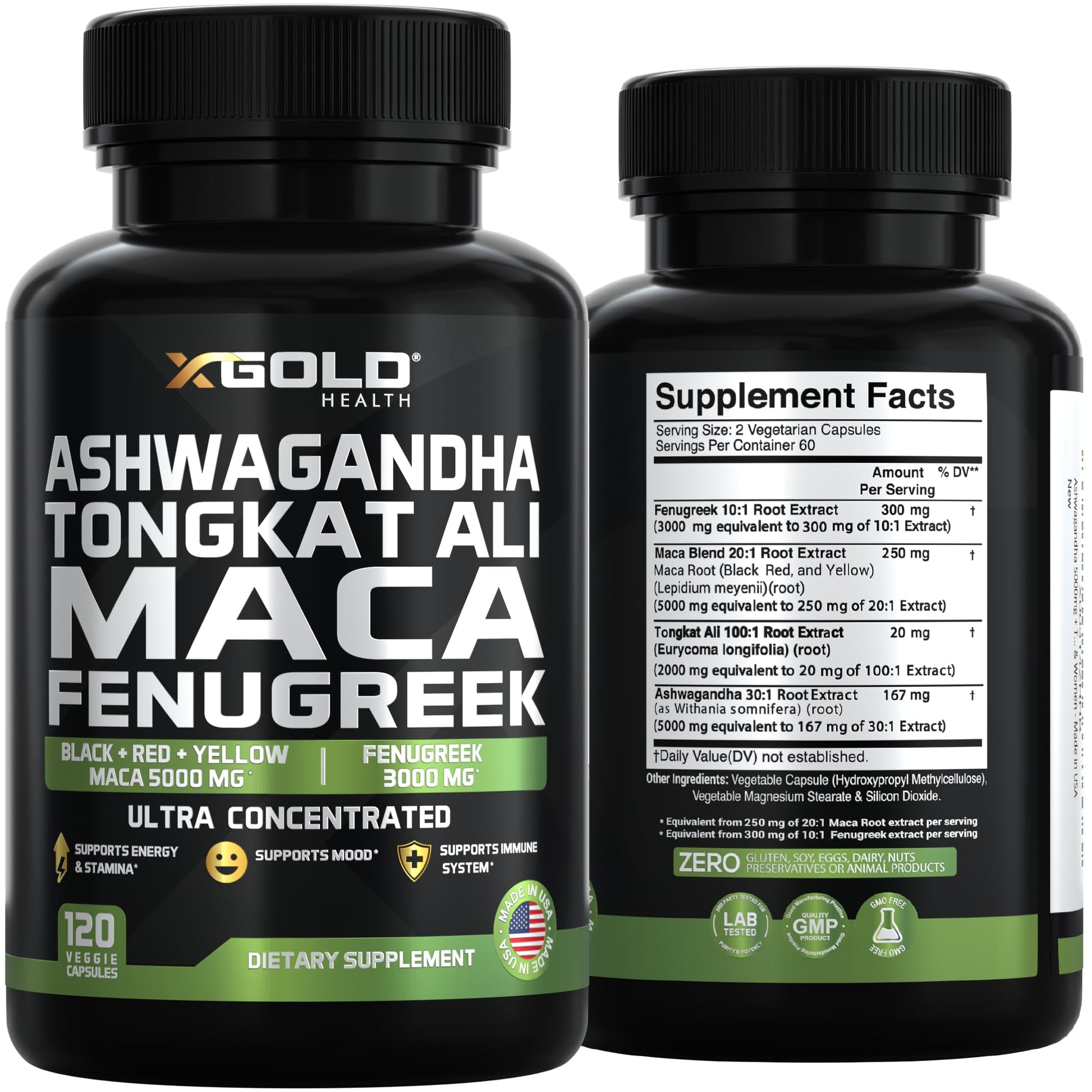 Ashwagandha 5000mg + Tongkat Ali 1000mg + Maca Root 5000mg + Fenugreek 3000mg Supplement | Black + Red + Yellow Maca Root Extract & Fenugreek Herbal Supplements for Men & Women - Made in USA - Medaid International
