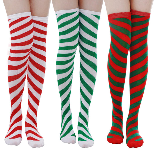 Dxhycc 3 Pairs Christmas Striped Knee High Socks Over Knee Thigh High Stocking Long Xmas Socks for Women - Medaid International