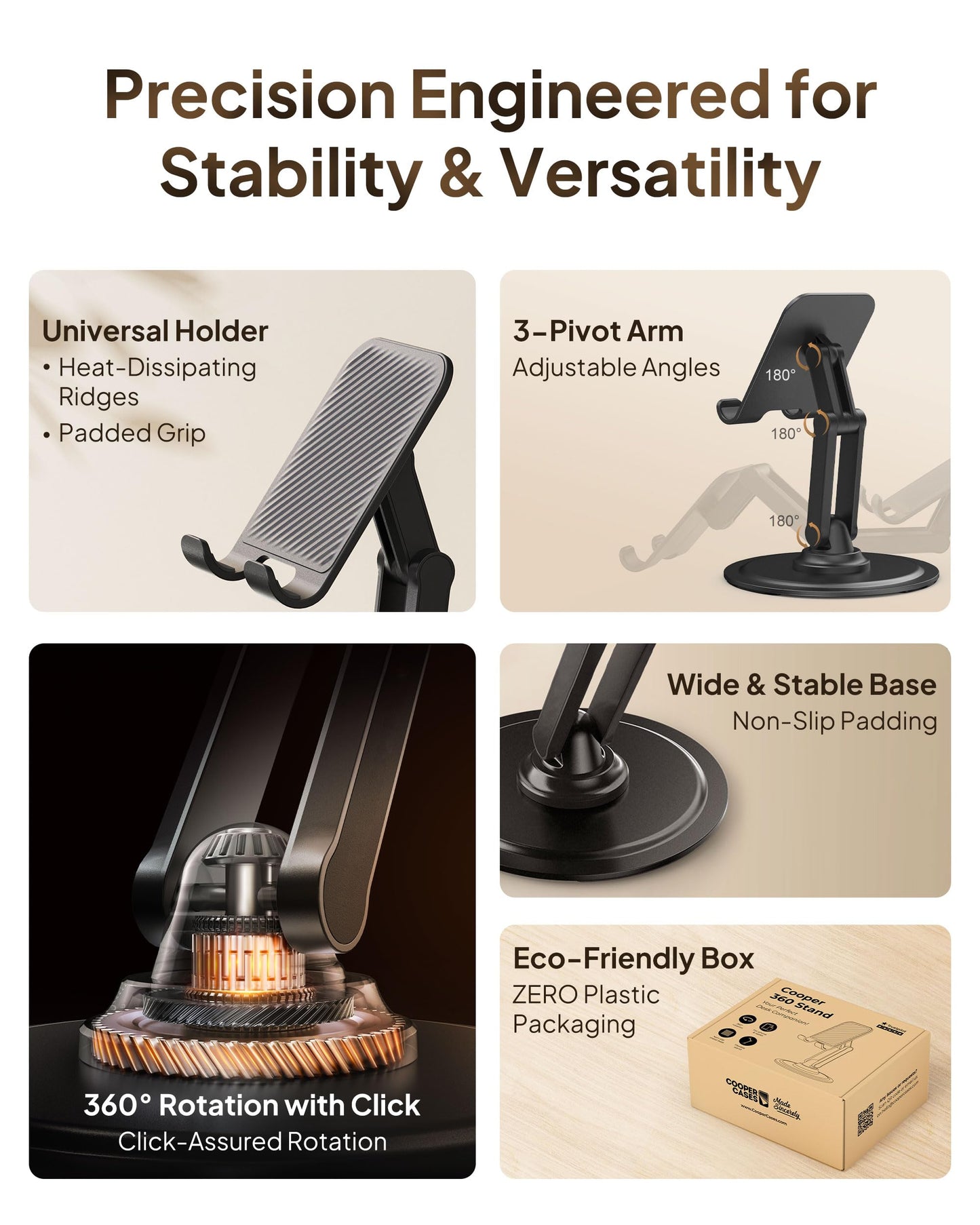 COOPER 360° Stand, Rotating Cell Phone Stand for Desk | Sturdy Metal Base, Foldable, Portable | Cell Phone Holder for Desk (Piano Black) - Medaid International