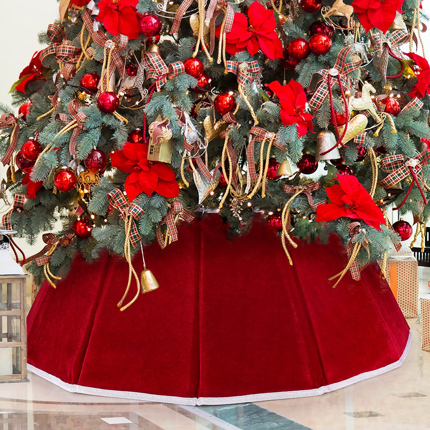 Christmas Tree Collar Red Velvet Folable Christmas Tree Ring Tree Skirt for Artificial Trees Base Stand Cover Christmas Tree Decoration - Medaid International