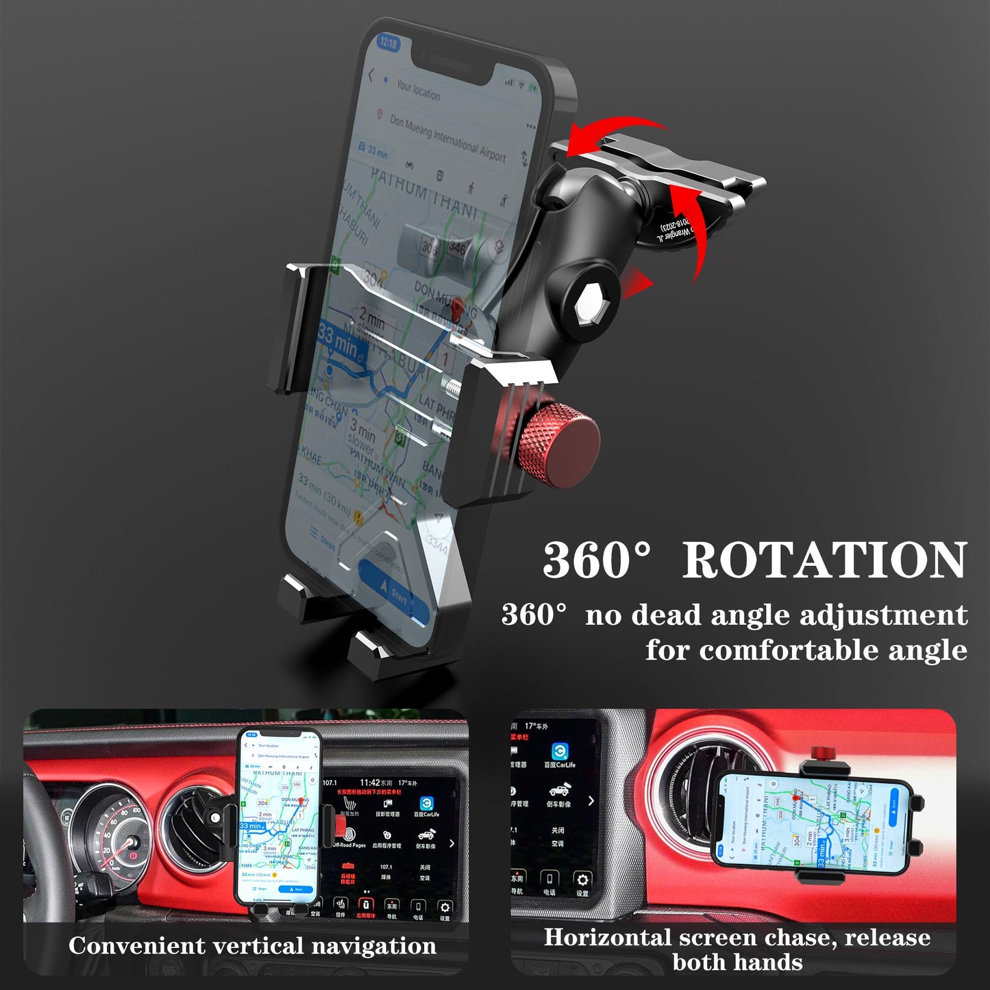 Upgraded Vent Aluminum Phone Mount for Jeep Wrangler JL & Gladiator JT (2018-2023) & Sahara, Car Vent Phone Holder with 360° Rotation Full Metal Arm 20x Super Strong Phone Stand for all Smartphones - Medaid International