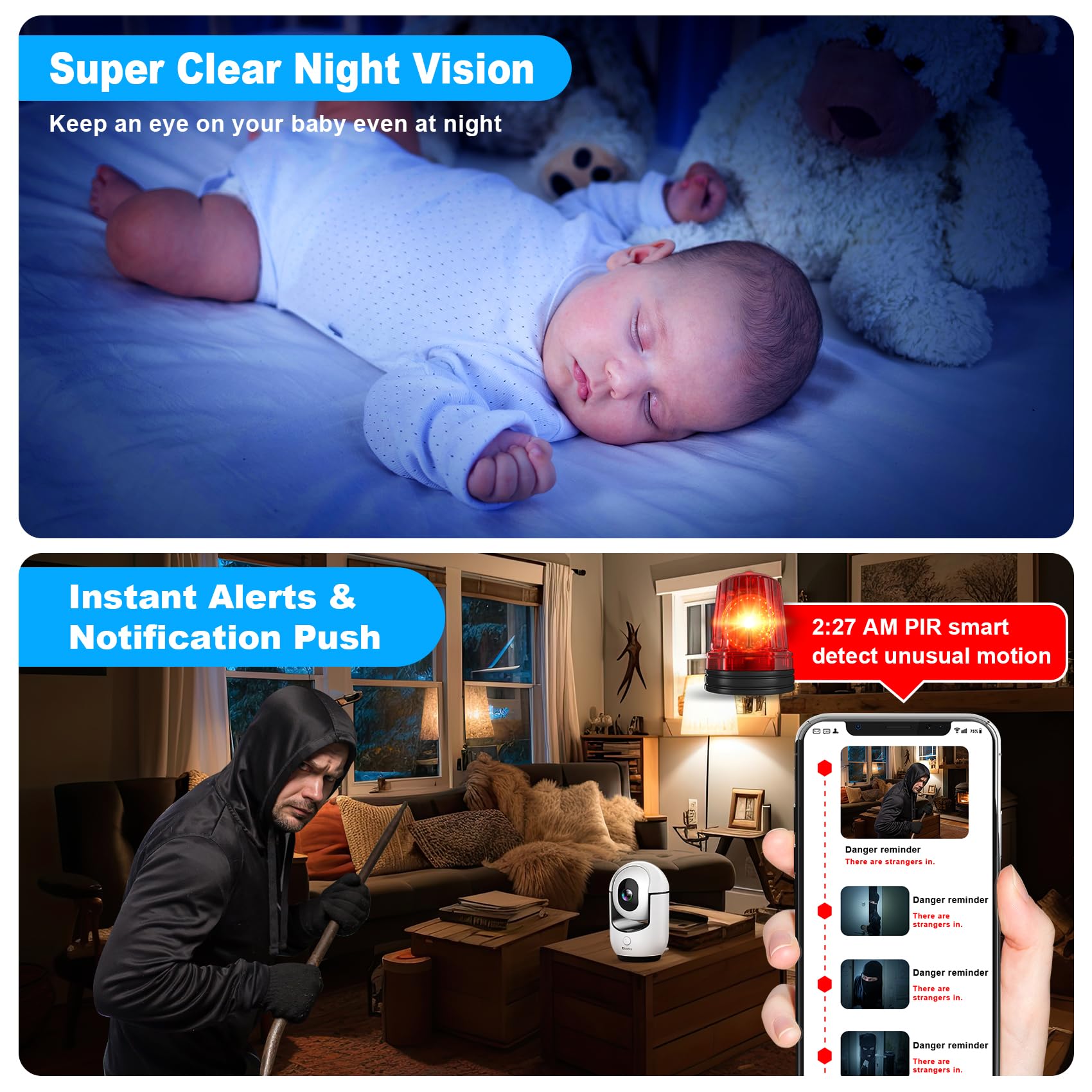 2K Pan/Tilt Security Camera, WiFi Indoor Camera for Home Security with AI Motion Detection, Baby/Pet Camera with Phone App, Color Night Vision, 2-Way Audio, 24/7, Siren, TF/Cloud Storage - Medaid International