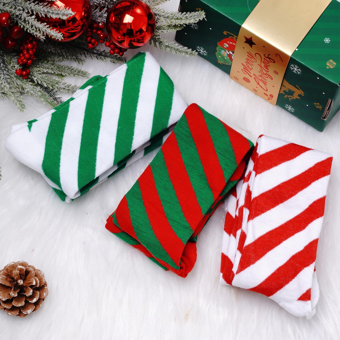 Dxhycc 3 Pairs Christmas Striped Knee High Socks Over Knee Thigh High Stocking Long Xmas Socks for Women - Medaid International