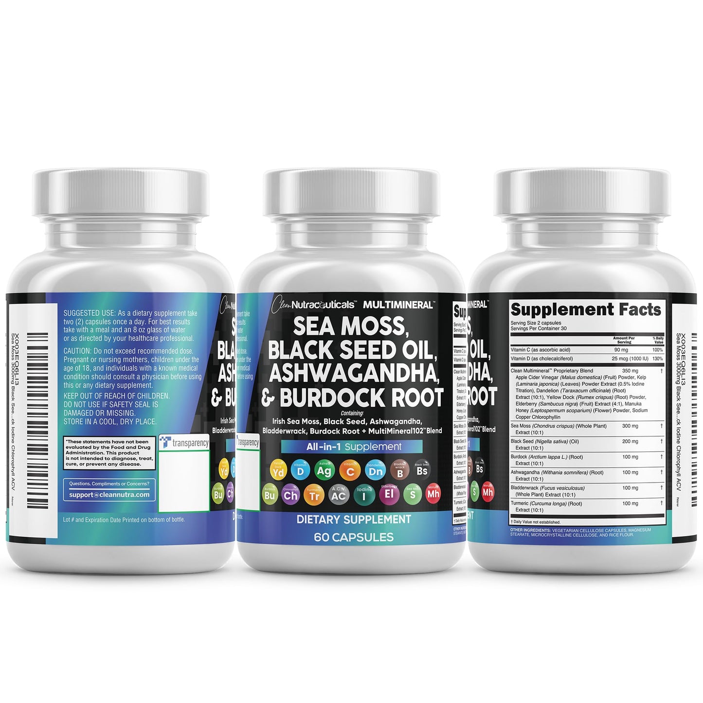 Clean Nutraceuticals Sea Moss Black Seed Oil Ashwagandha Turmeric Bladderwrack Burdock & Vitamin C Vitamin D3 with Elderberry Manuka Dandelion Yellow Dock Iodine Chlorophyll ACV - Medaid International