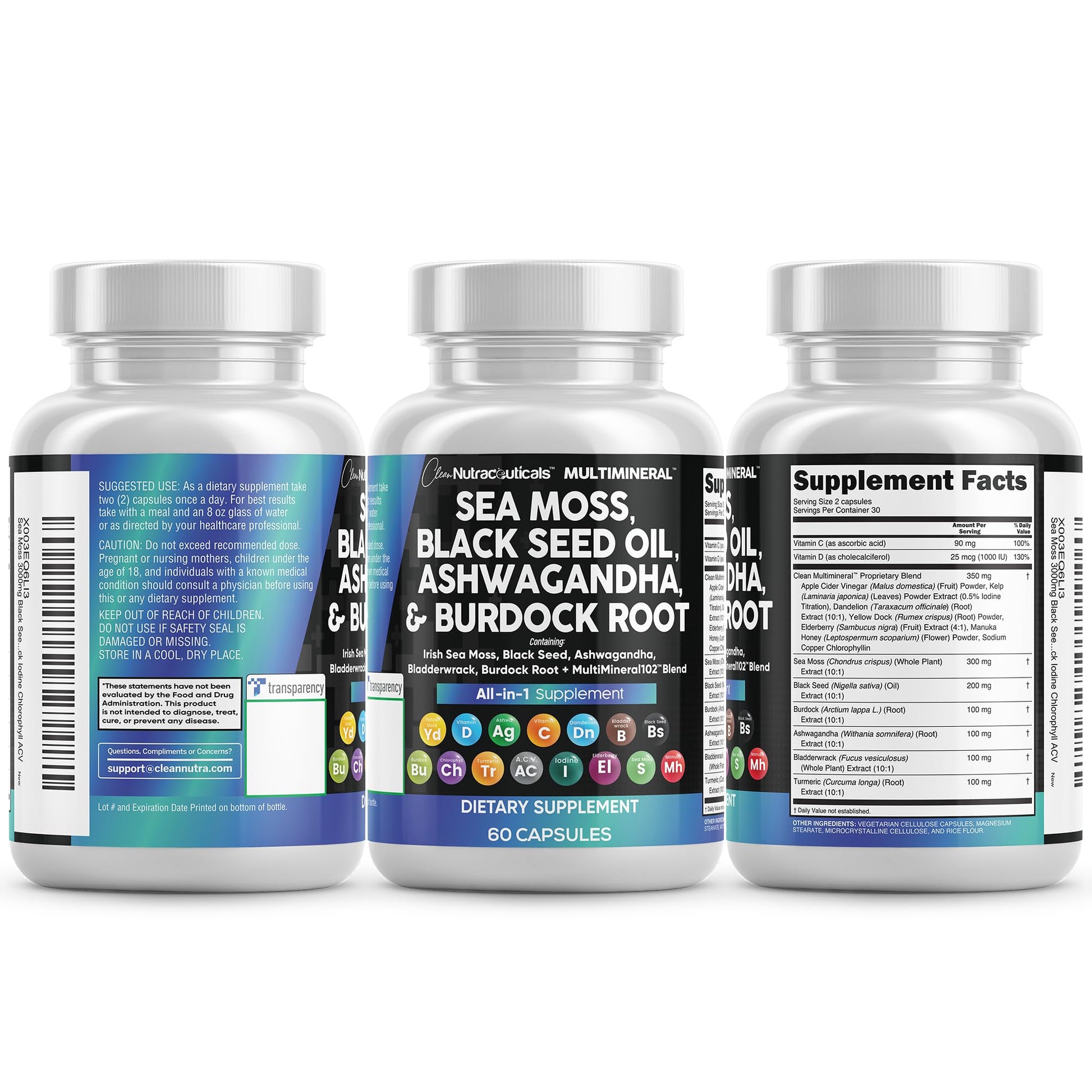 Clean Nutraceuticals Sea Moss Black Seed Oil Ashwagandha Turmeric Bladderwrack Burdock & Vitamin C Vitamin D3 with Elderberry Manuka Dandelion Yellow Dock Iodine Chlorophyll ACV - Medaid International