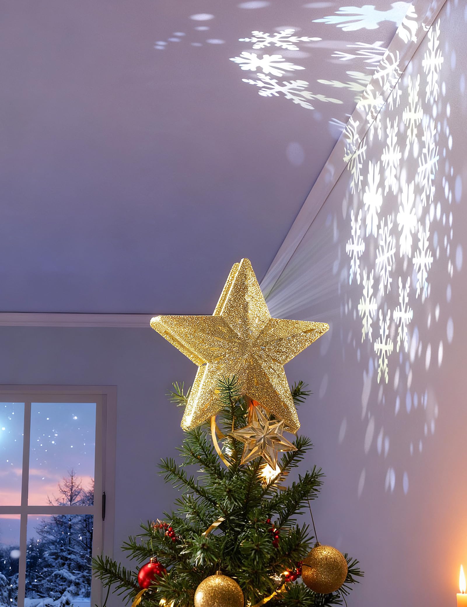 DG-Direct Christmas Tree Topper Lighted Star [Gold],3D Hollow Sparkling Star Christmas Tree Topper with Rotating Magic Cool White Snowflake Projector for Christmas Tree Ornament (Gold) - Medaid International