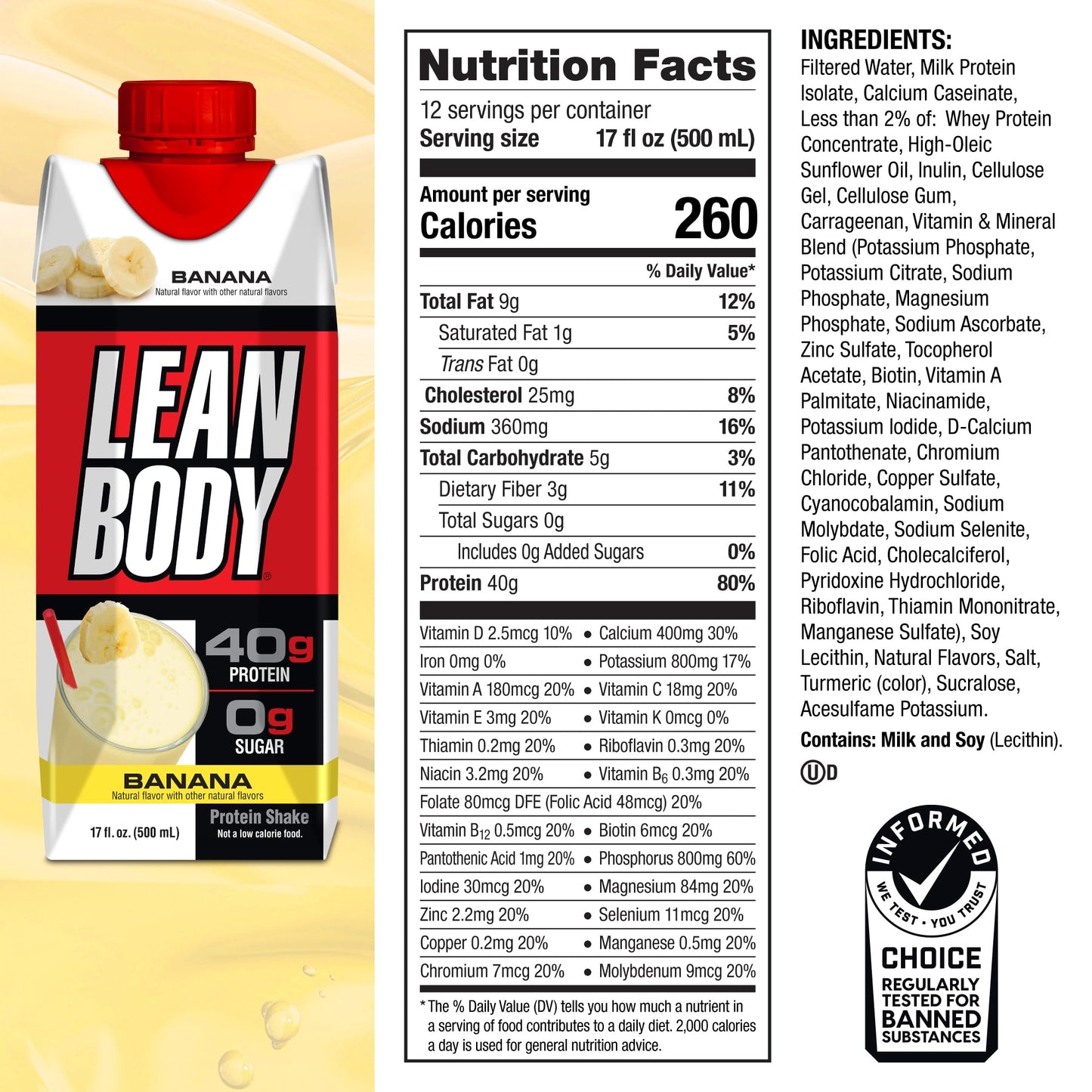 Lean Body Ready-to-Drink Banana Protein Shake, 40g Protein, Whey Blend, 0 Sugar, Gluten Free, 22 Vitamins & Minerals, 17 Ounce (Recyclable Carton & Lid - Pack of 12) LABRADA - Medaid International