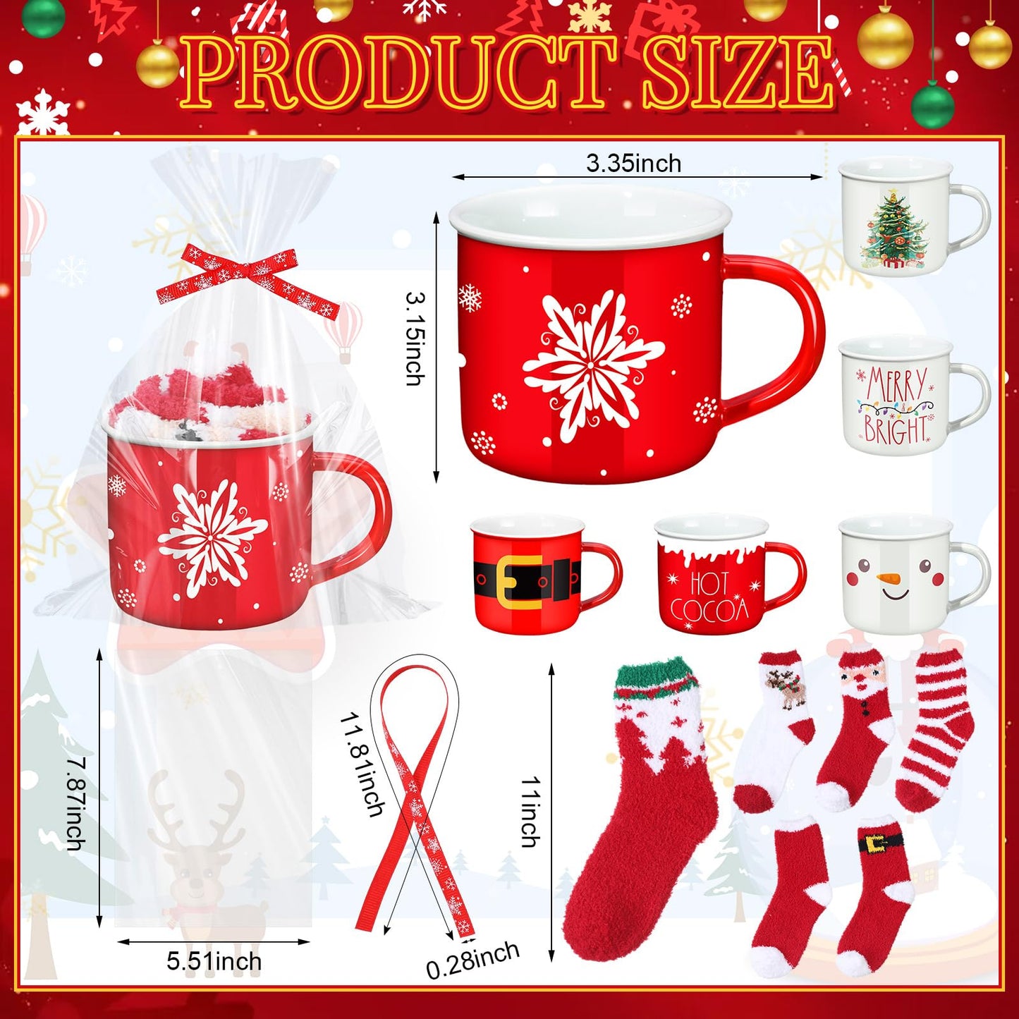 ShinyMatch 6 Pack Christmas Mug Gift Set 12oz Christmas Enamel Coffee Mug Xmas Fuzzy Socks Holiday Cup Slipper Socks transparent Bags and Ribbon DIY Gift for Women Coworker Friends Party(Red,Classic) - Medaid International