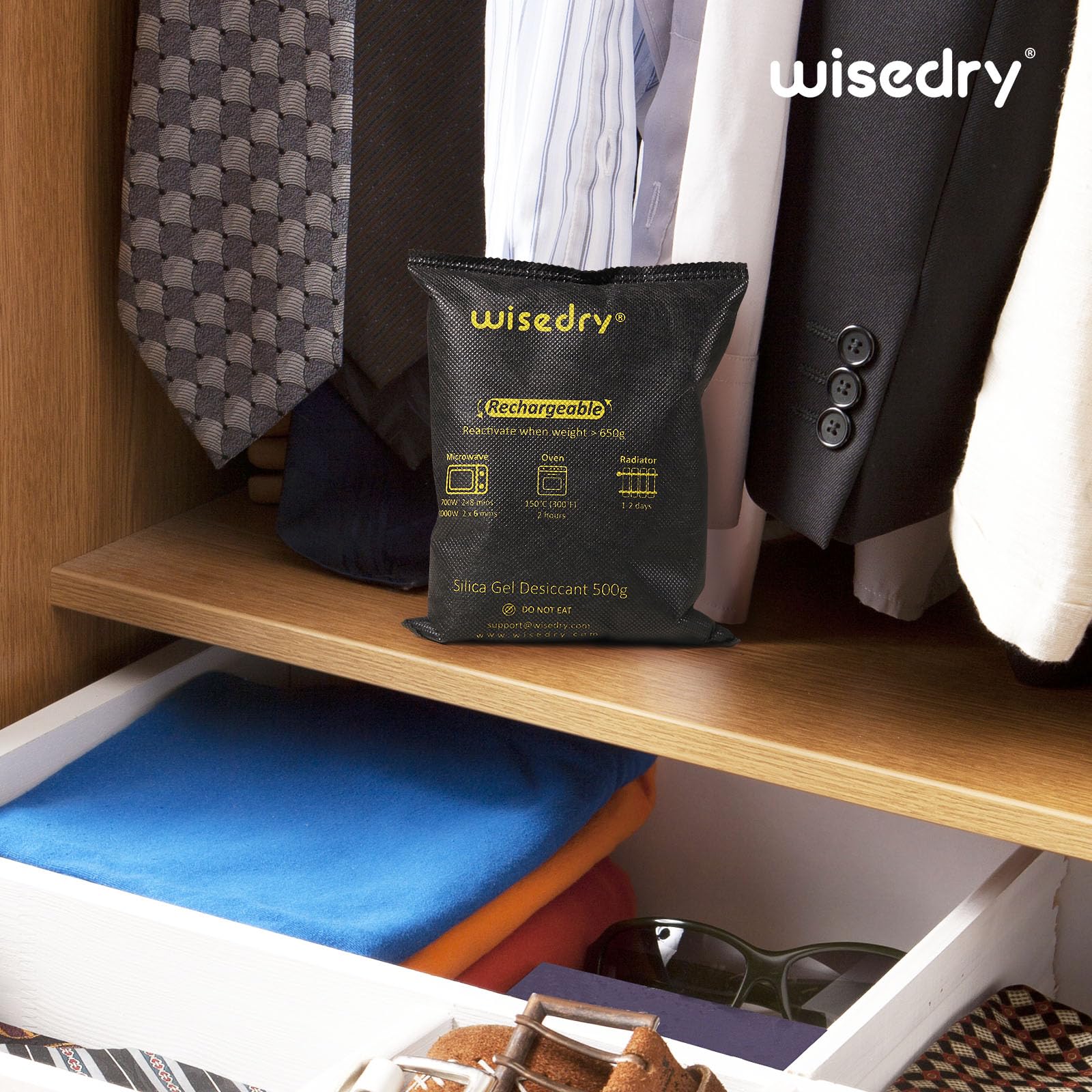 wisedry 2 x 500 Gram [2.2 lbs] Rechargeable Silica Gel Car Dehumidifier, Microwave Fast Reactivated Desiccant Packets Large for Gun Safe Closet Basement Garage Storage Moisture Absorber Bag Reusable - Medaid International