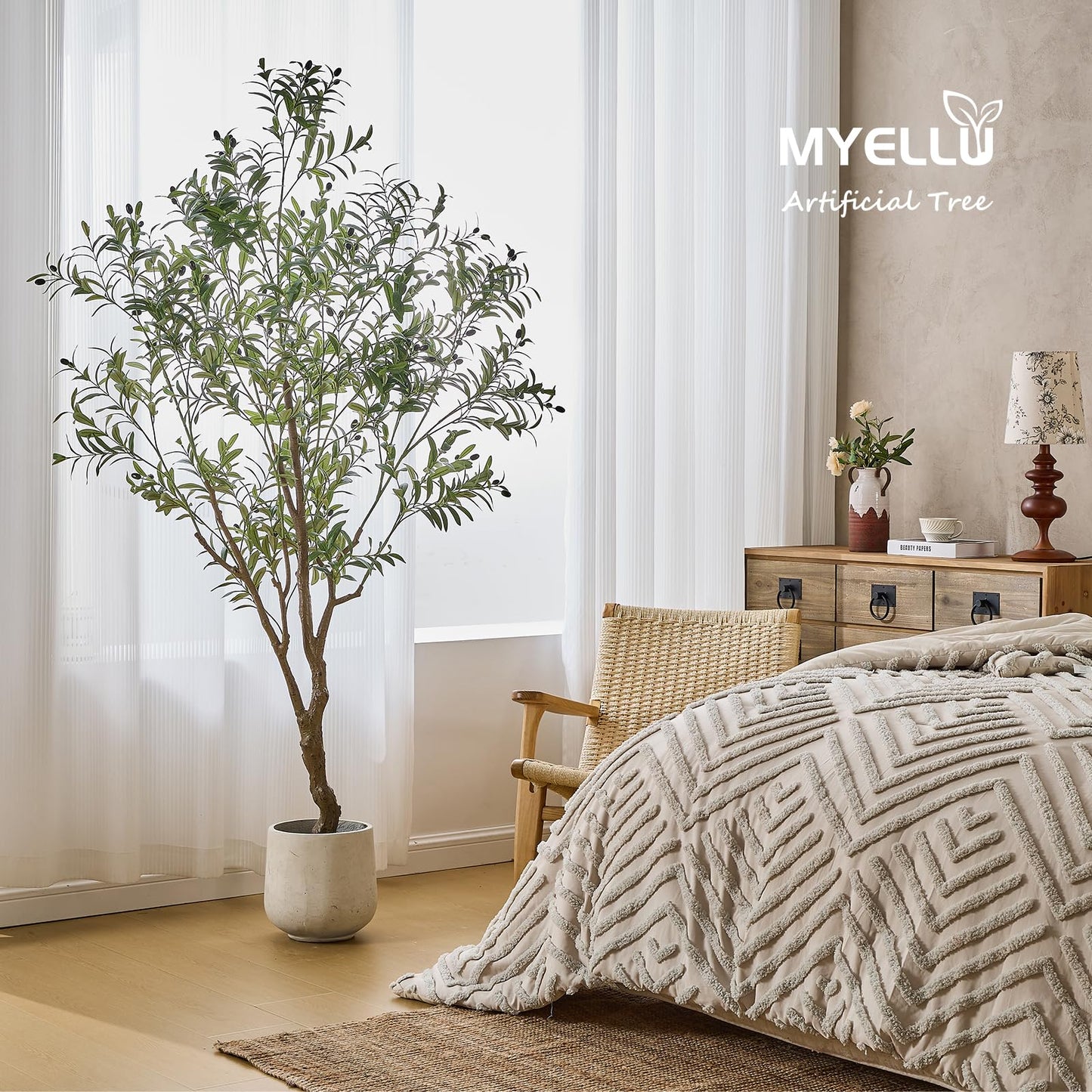 MYELLU 210 cm Olive Tree Artificial Decor - 2000 Leaves Fake Plant for Home Decor Faux Plant Indoor Artificial Olive Tree for Living Room Bedroom Office Live Streams Decorative Modern Greenery - Medaid International