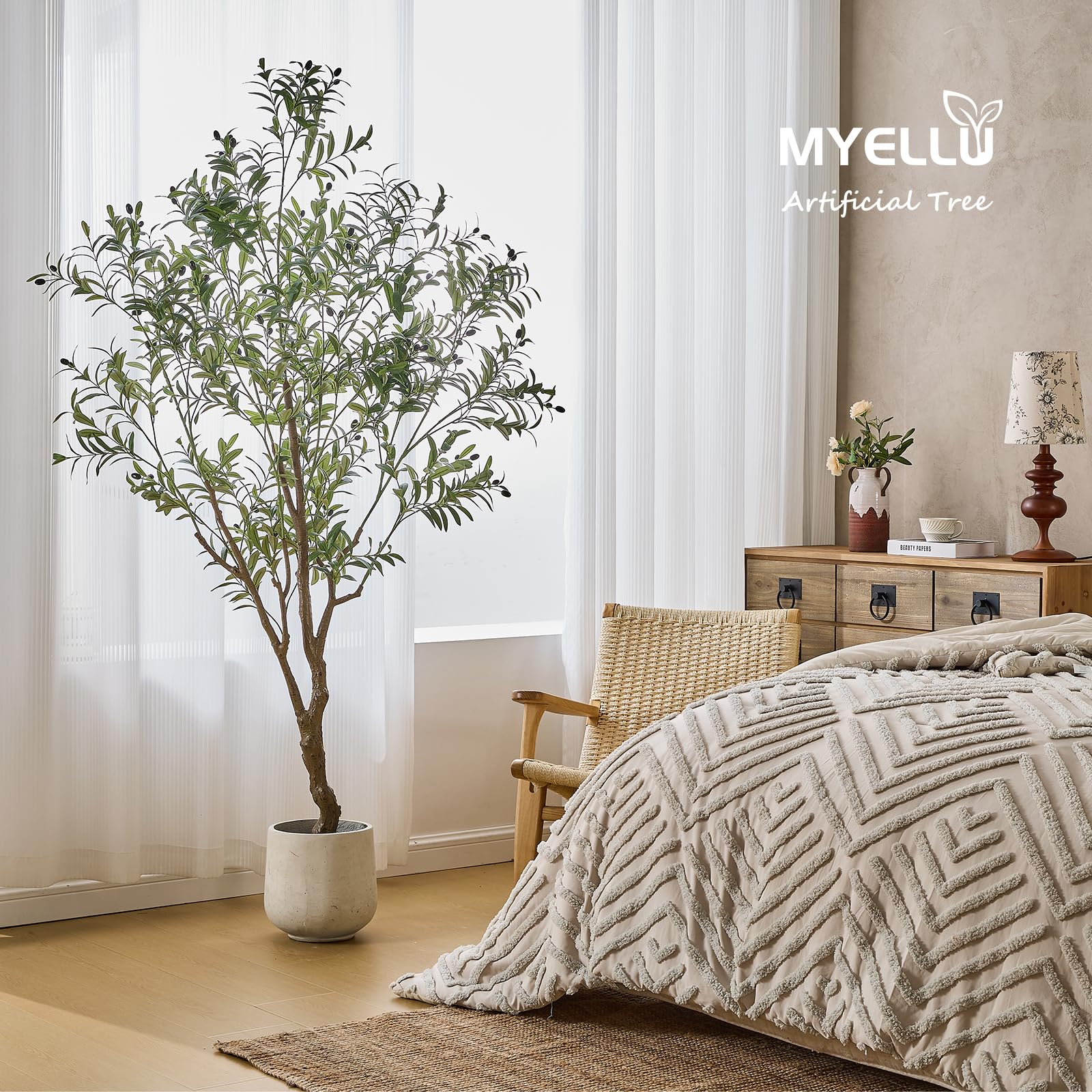 MYELLU 210 cm Olive Tree Artificial Decor - 2000 Leaves Fake Plant for Home Decor Faux Plant Indoor Artificial Olive Tree for Living Room Bedroom Office Live Streams Decorative Modern Greenery - Medaid International