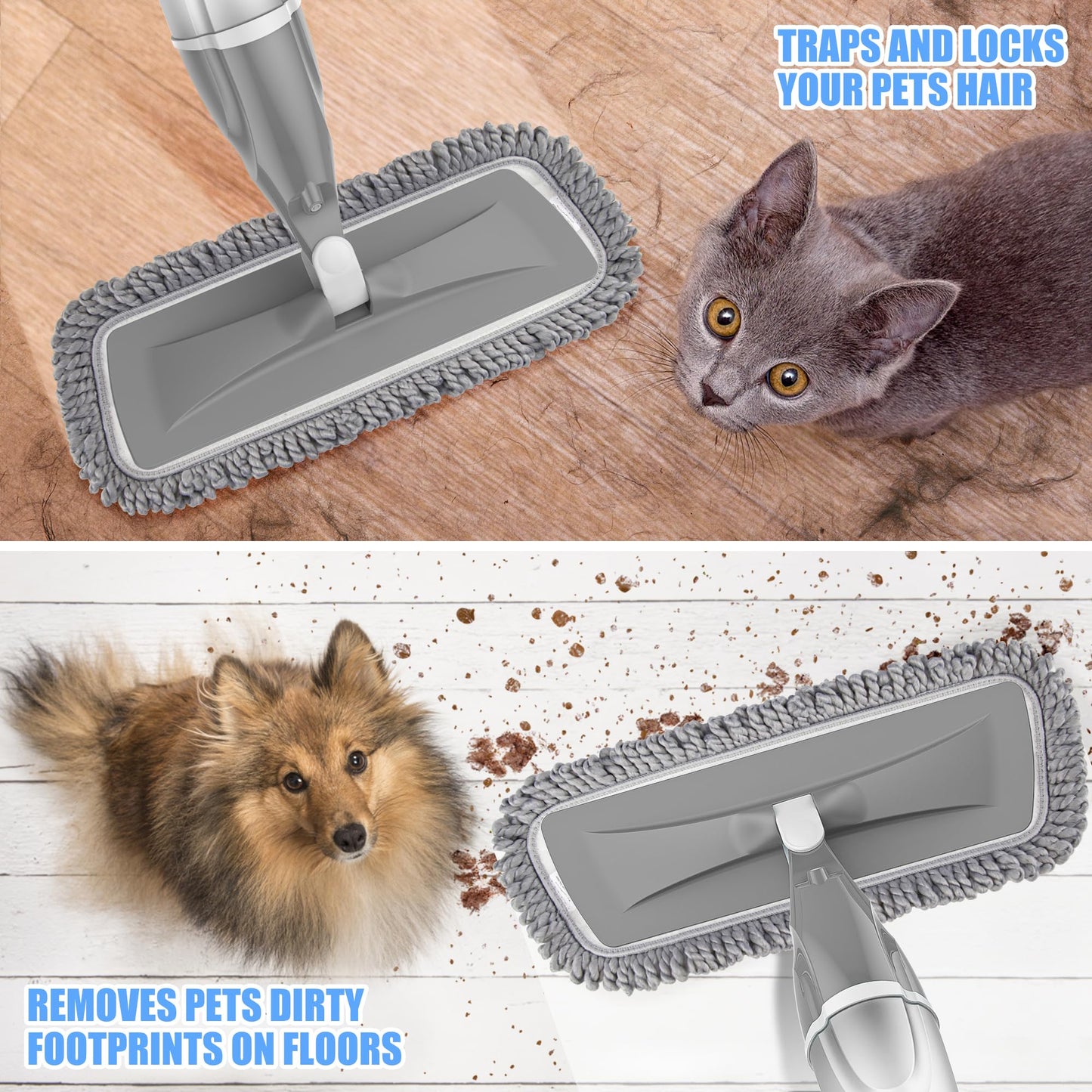 Microfiber Spray Mops for Floors Cleaning: EXEGO Dust Mop Wet Mop with 3 Washable Resuable Pads -440ML Refillable Bottle and 1 Scraper - Flat Floor Mop for Hardwood Laminate Ceramic Tiles Vinyl Woood - Medaid International