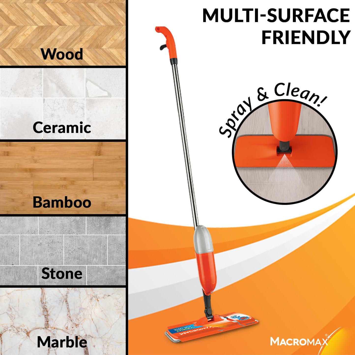 Macromax Funny Spray Mop – Compact 350ml Refillable Bottle – 360° Rotating Microfiber Floor Mop – Water-Saving Spray System – Bucket-Free Cleaning for Tile, Laminate & Wood Floors - Medaid International