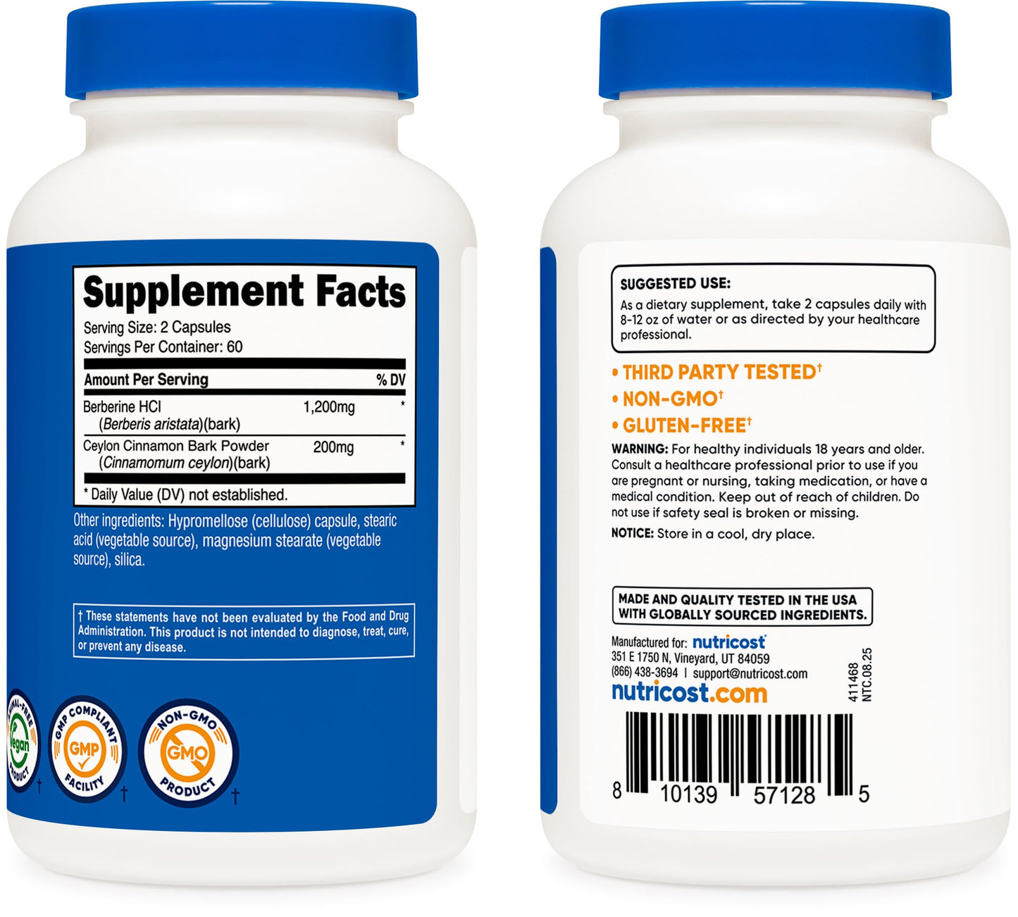 Nutricost Berberine HCl with Ceylon Cinnamon Capsules (120 Capsules, 60 Servings) - Non-GMO, Animal-Free Product - Medaid International