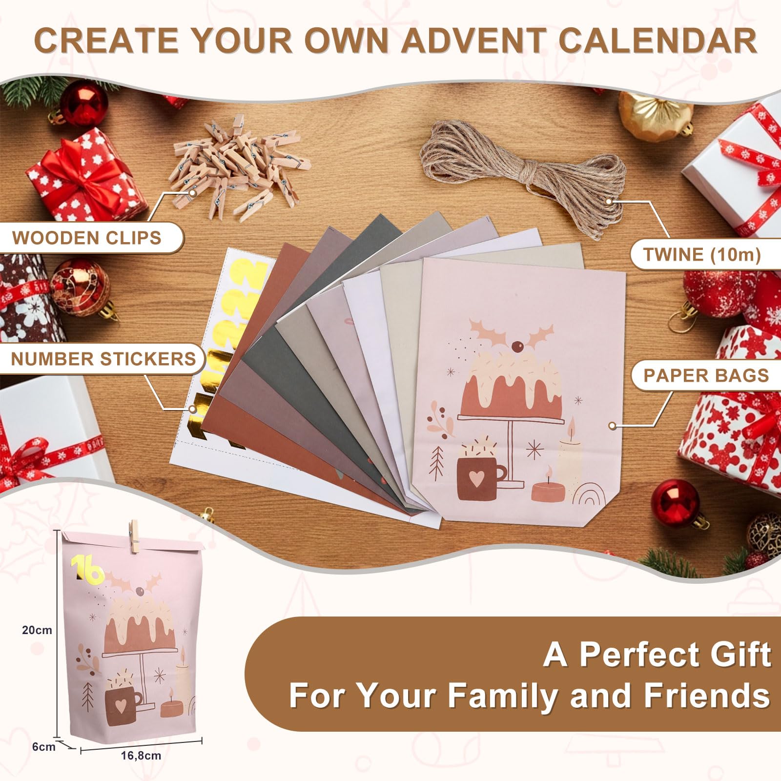 Yinsun Advent Calendar 2025, 24 Christmas Advent Calendars to Fill for Countdown - Empty Christmas Gift Paper Bags with Wooden Clips for Children and Adults DIY Craft - Medaid International
