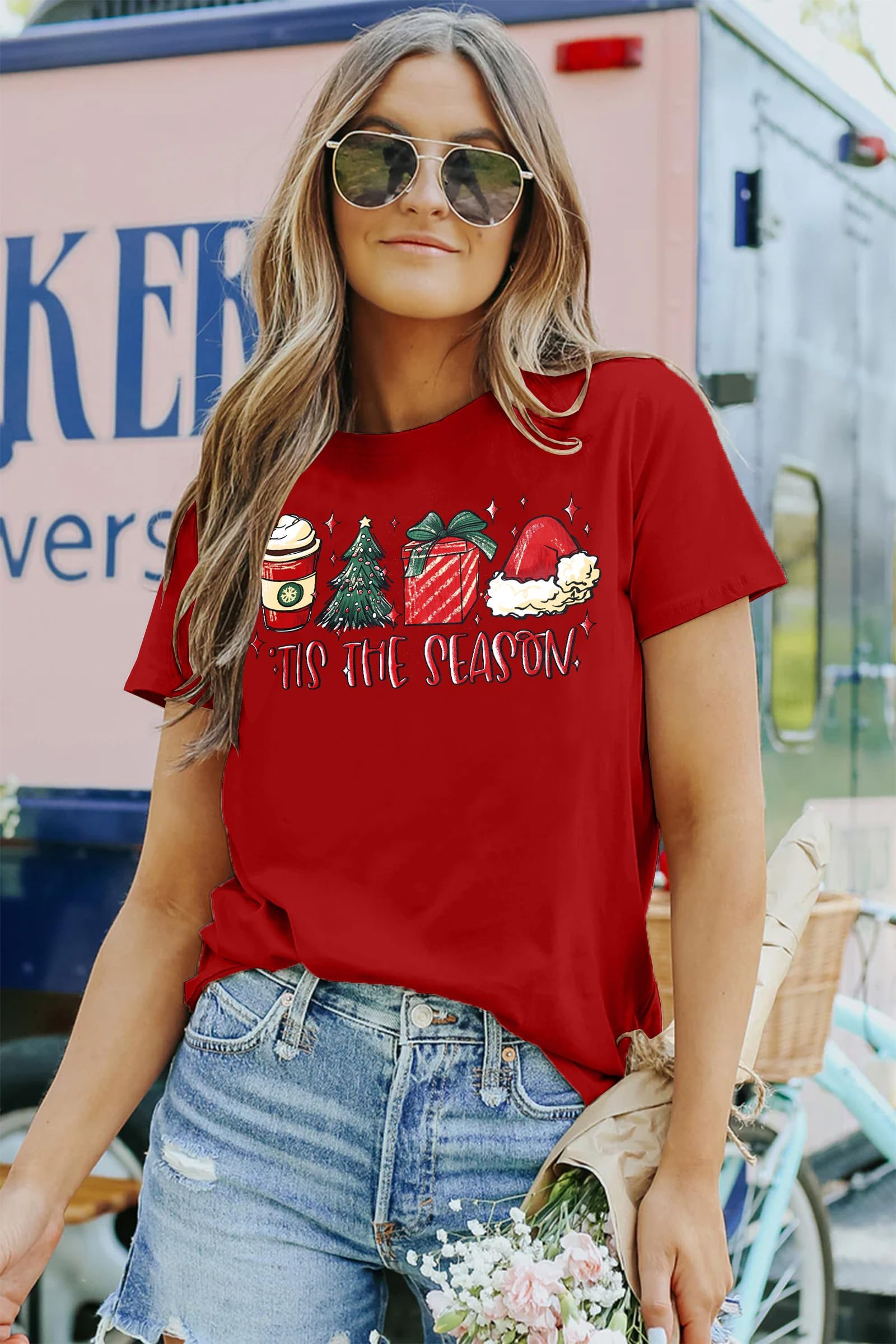 Christmas Shirt Women Tis The Season Christmas Tree T Shirt Latte Coffee Graphic Xmas Holiday Tee Tops - Medaid International