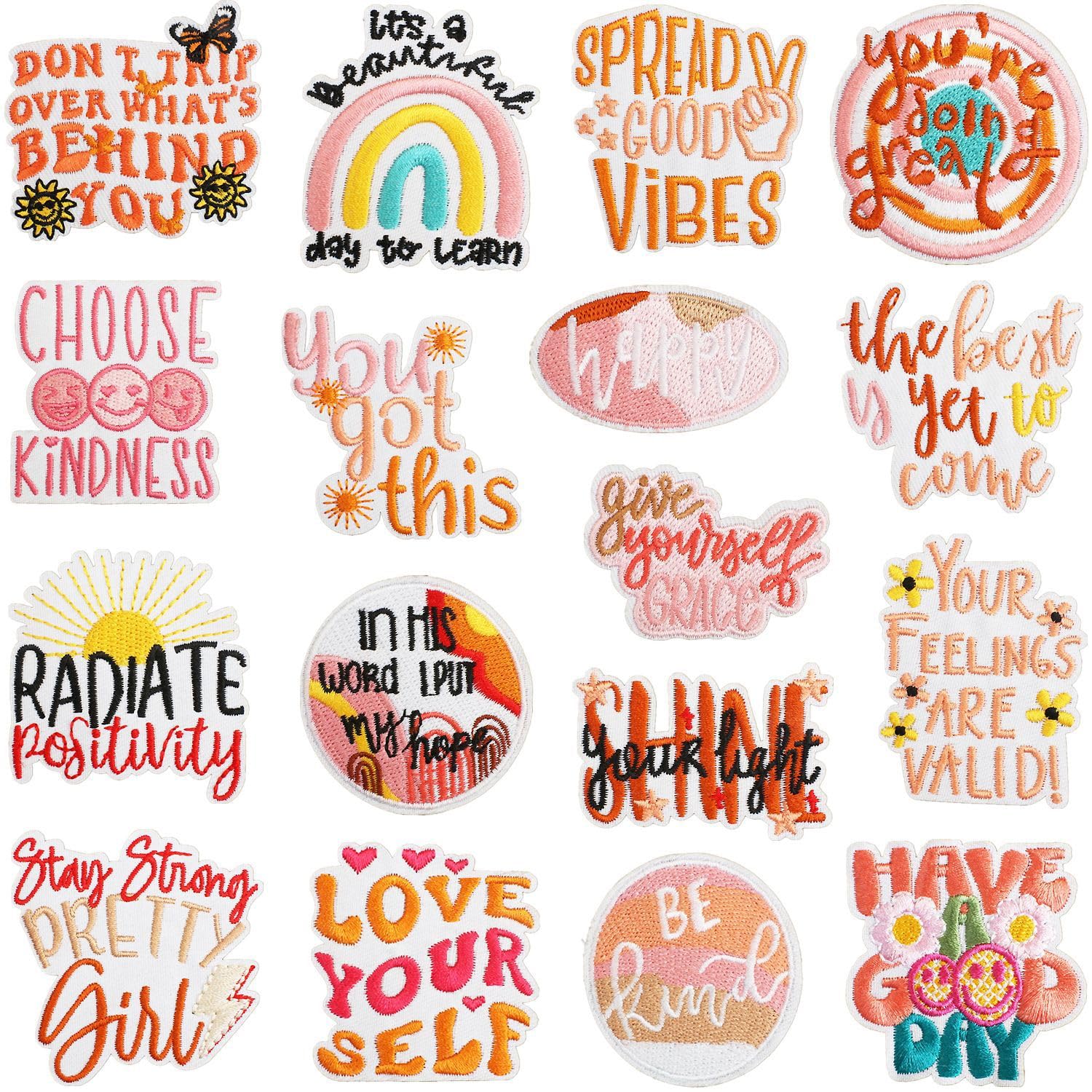 17pcs Positive Affirmations Iron On Patches Embroidered Boho Iron on/Sew on Patch for Clothes, Hats, Jeans, Dress, Backpacks, Etc - Medaid International