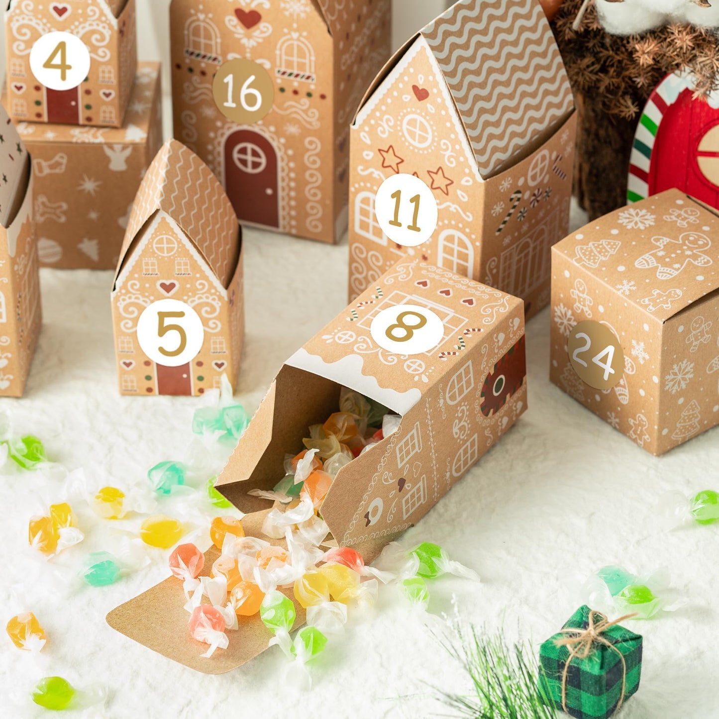 AsodSway Christmas Advent Calendar Boxes - 28P Christmas Candies Treats Boxes Empty Advent Calendar Boxes to Fill 24 Days Xmas Advent Countdown Number Label Stickers Kraft Paper Xmas Gift House Boxes - Medaid International