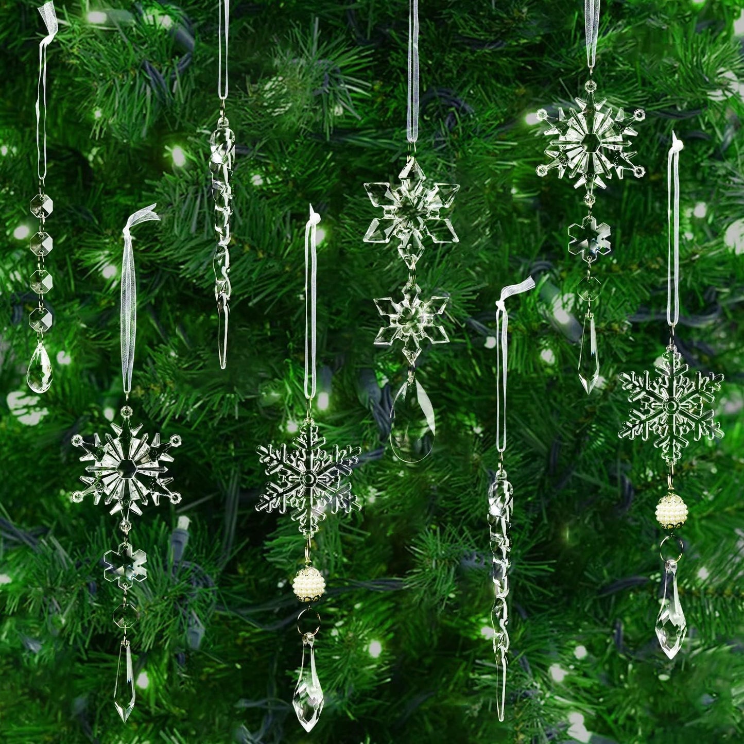 18pcs Christmas Tree Decoration Crystal Ornaments - Hanging Acrylic Christmas Snowflake Icicle Drop Crystal Ornaments for Xmas Tree Winter New Year Party Supplies - Medaid International