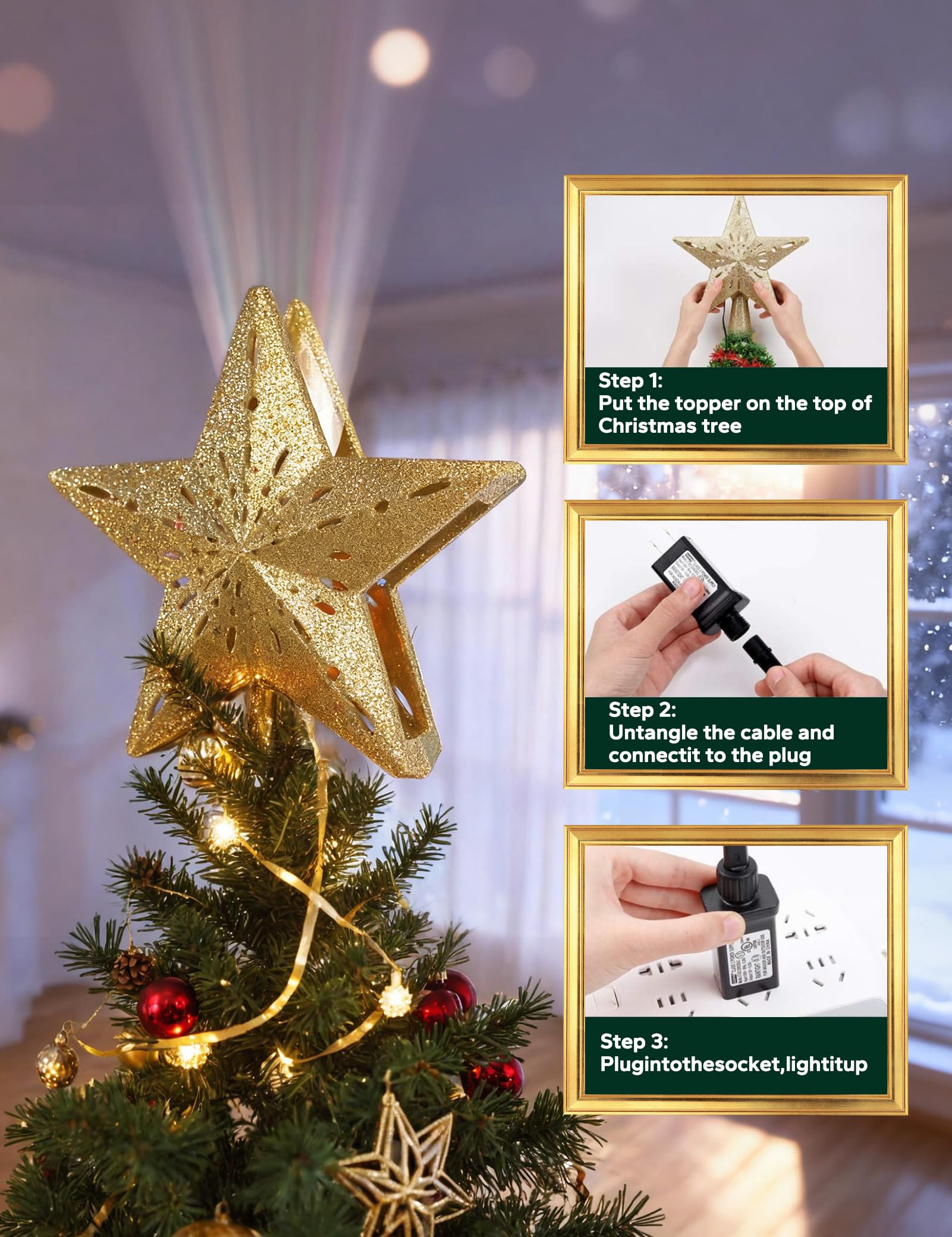 DG-Direct Christmas Tree Topper Lighted Star [Gold],3D Hollow Sparkling Star Christmas Tree Topper with Rotating Magic Cool White Snowflake Projector for Christmas Tree Ornament (Gold) - Medaid International