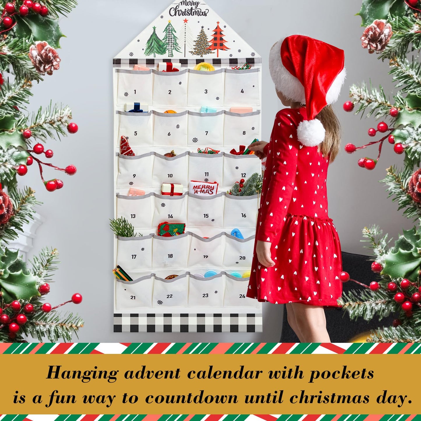 SATINIOR Christmas Fabric Advent Calendar with 24 Pockets Reusable Empty Advent Calendar Wall Hanging Bag Countdown Cloth for Xmas Holiday Wall Decoration - Medaid International