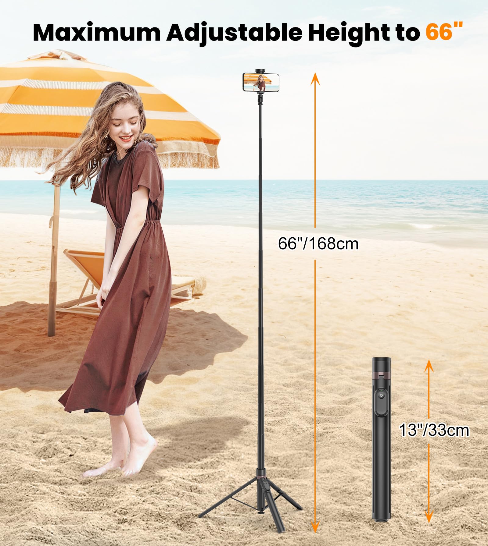 TONEOF 66" Automatic Tripod,Auto-Open Phone Tripod Stand with Magnetic Rechargable Remote,Selfie Stick Tripod 360° Vertical & Horizontal Rotatable,Stable Travel Tripod for iPhone/Android(Black) - Medaid International