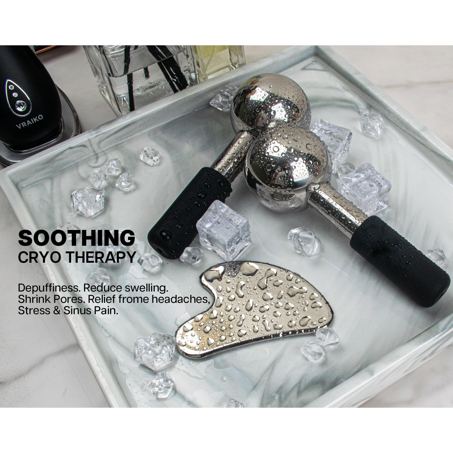 VRAIKO ICE Globes for Facials & Gua Sha Set, Gua Sha Facial Tools and Cryo Sticks with Unbreakable Steel, Face Massager Cooling Rollers for Dark Circles, Puffiness and Lymphatic Drainage (Black) - Medaid International