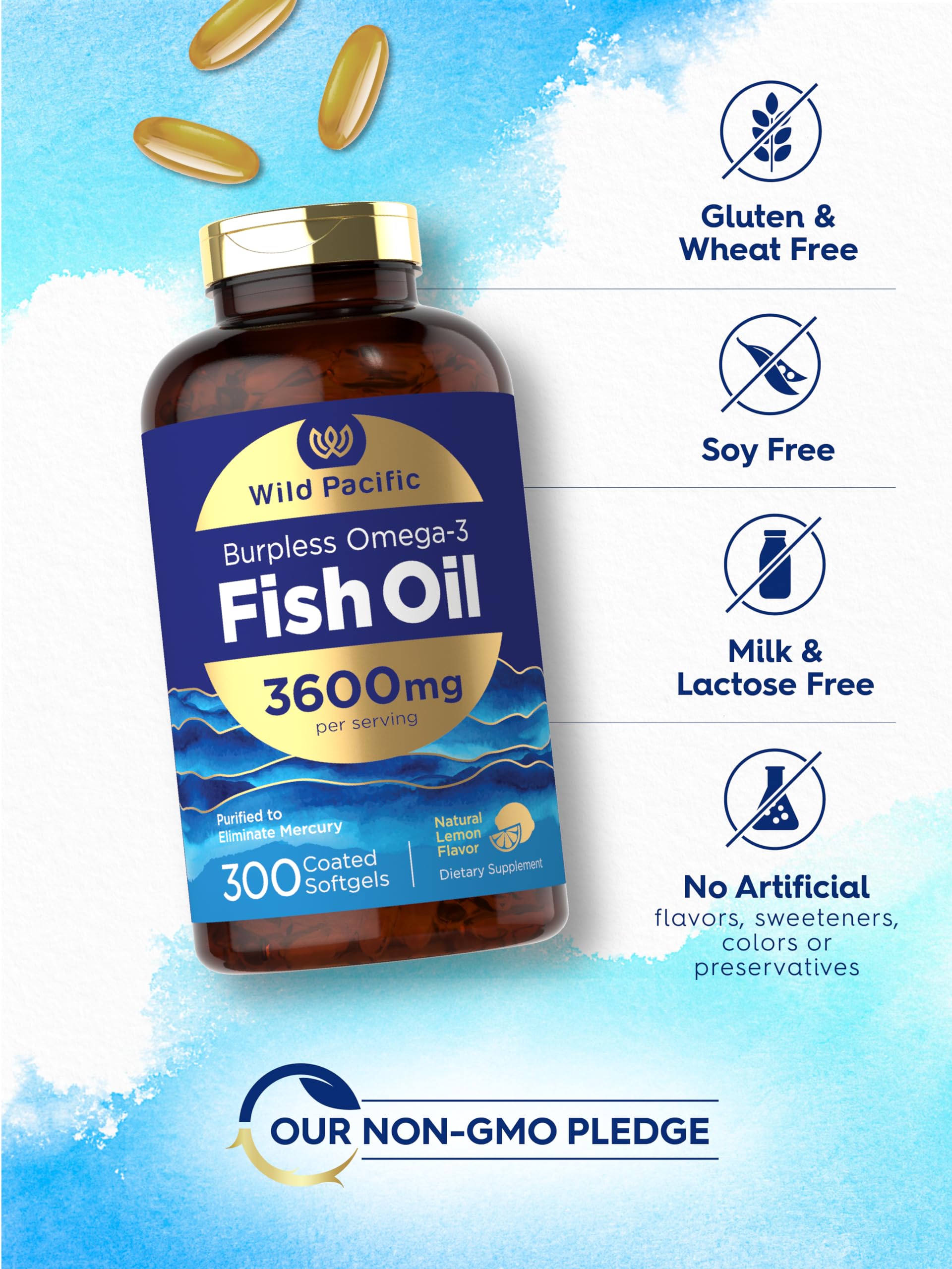 Carlyle Burpless Fish Oil 3600 mg | 300 Softgels | with Omega-3 Fatty Acids | Lemon Flavor | Non-GMO, Gluten Free Supplement | by Wild Pacific - Medaid International