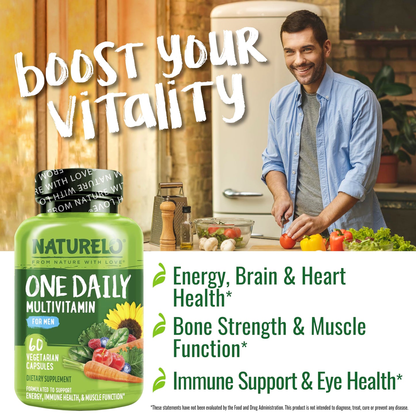 NATURELO Mens Multivitamins - One Daily Multivitamin for Men with Vitamins, Minerals & Organic Whole Foods, Boost Energy & Health, Non-GMO, 60 Vegetarian Capsules - Medaid International