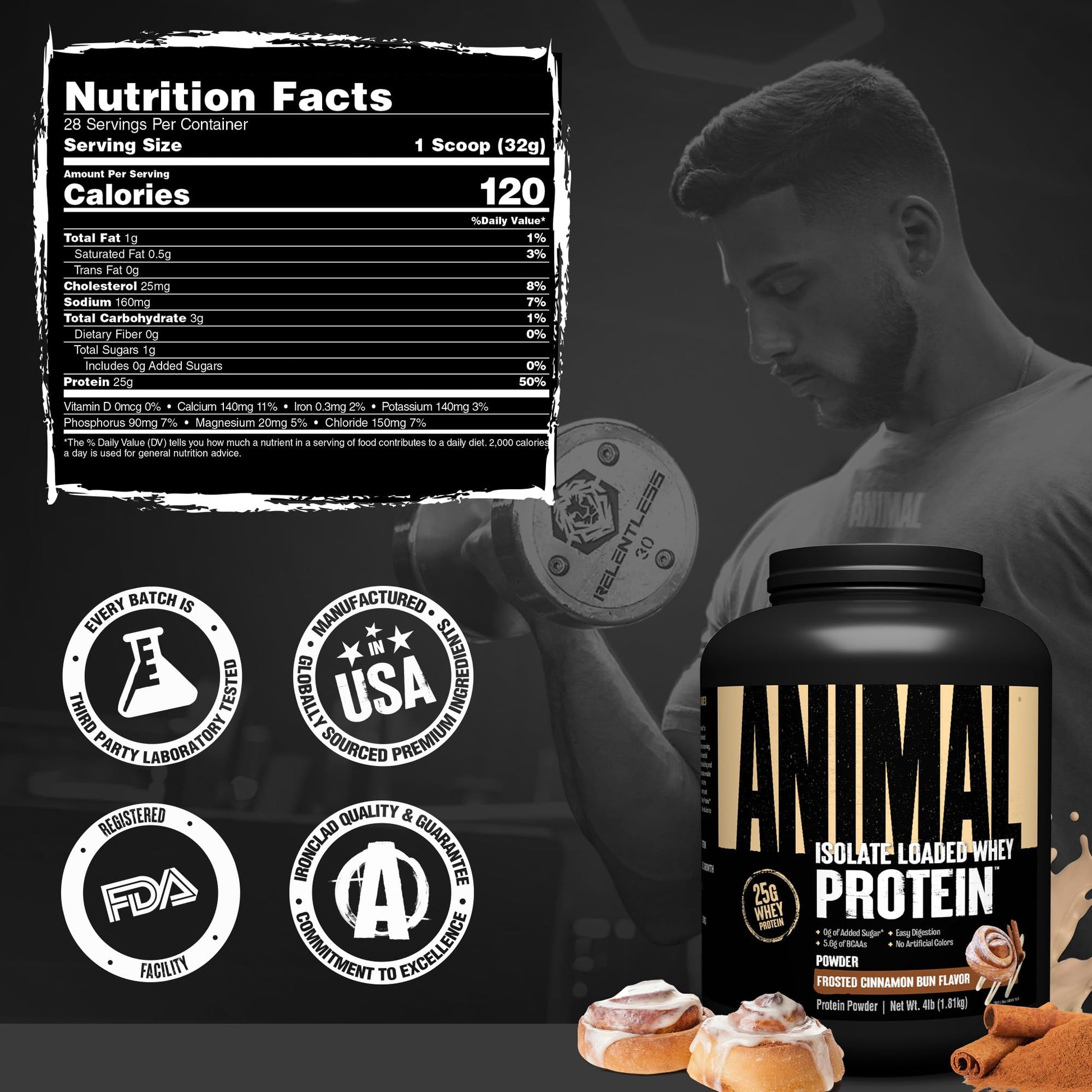 Animal Whey Isolate Protein Powder - Loaded for Pre & Post Workout Muscle Builder and Recovery with Digestive Enzymes for Men & Women - 25g Protein, Great Taste, Low Sugar - Frosted Cinnamon Bun 4 lbs - Medaid International
