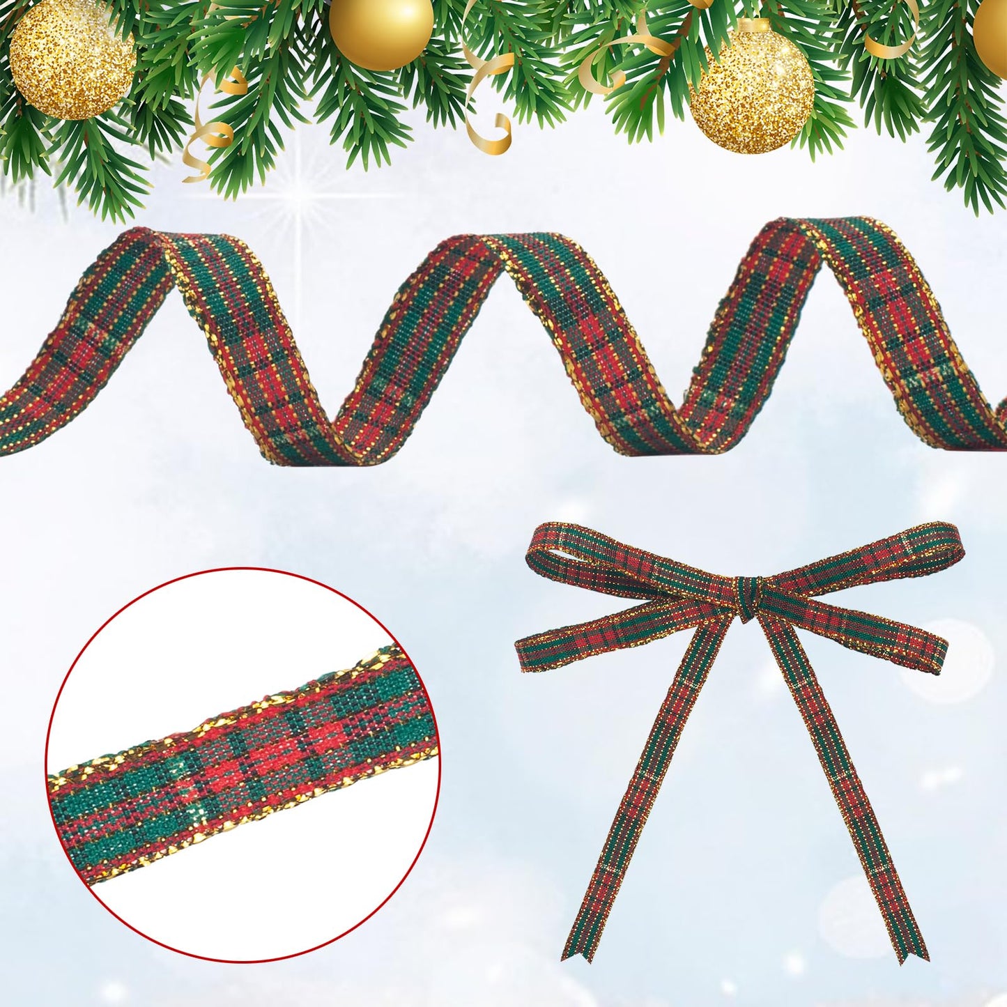 GHGMAO Red and Green Gingham Ribbon, Christmas Plaid Ribbon 3/8 INCH x 25 Yards, Polyester Fabric Grosgrain Stripe Checkered Ribbons for Gift Wrapping, Christmas Wreath, Tree Decor, Bow Making - Medaid International