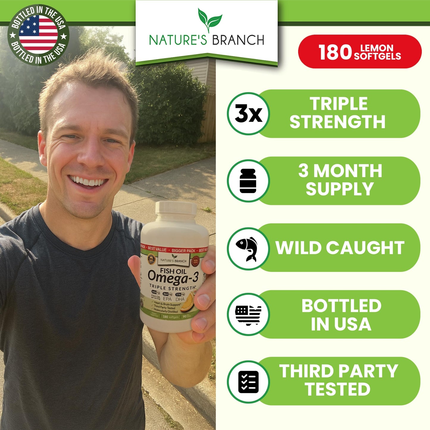 Best Triple Strength Omega 3 Fish Oil Pills - 180 Capsules - 2400mg High Potency Burpless Lemon Flavor 864mg EPA 576mg DHA Ultra Pure Liquid Softgels for Brain Joints Eyes Heart Health Supplement - Medaid International