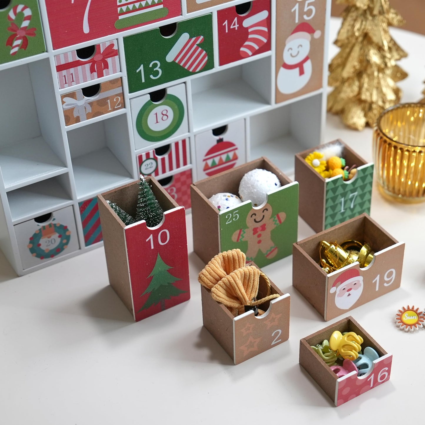 Wooden Advent Calendar with 25 Drawers for Kids, Refillable Advent Calendar for 2025, Red&Green Reusable Christmas Countdown Calendar with Classic Holiday Designs - Medaid International