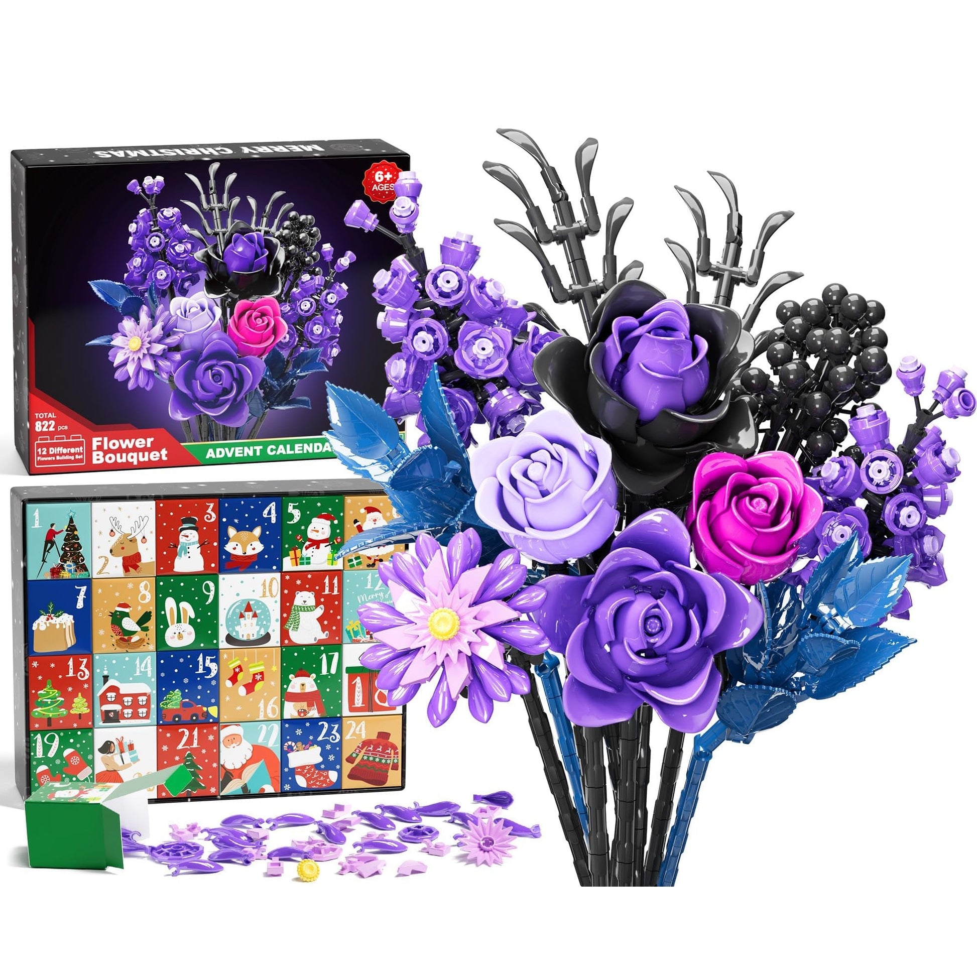 Advent Calendar 2025 for Adults Teens, 12 Purple Rose Flower Bouquet Building Blocks, 24 Days Surprise Christmas Countdown Calendar with 822 PCS Gothic Artificial Flowers Home Decor for Women Men Teen - Medaid International