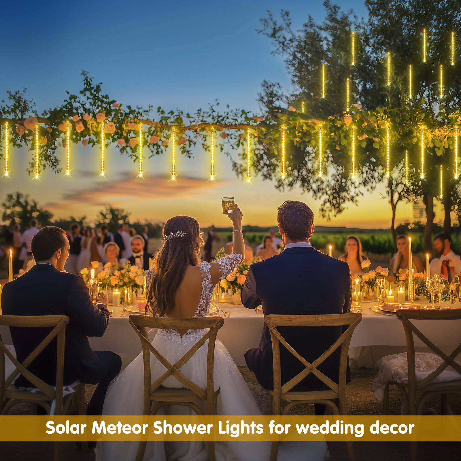 JMEXSUSS Solar Meteor Shower Lights Outdoor, 8 Tube 144 LEDs Warm White Solar Christmas Lights for Tree Eave Xmas Holiday Party Patio House Wedding Decor - Medaid International