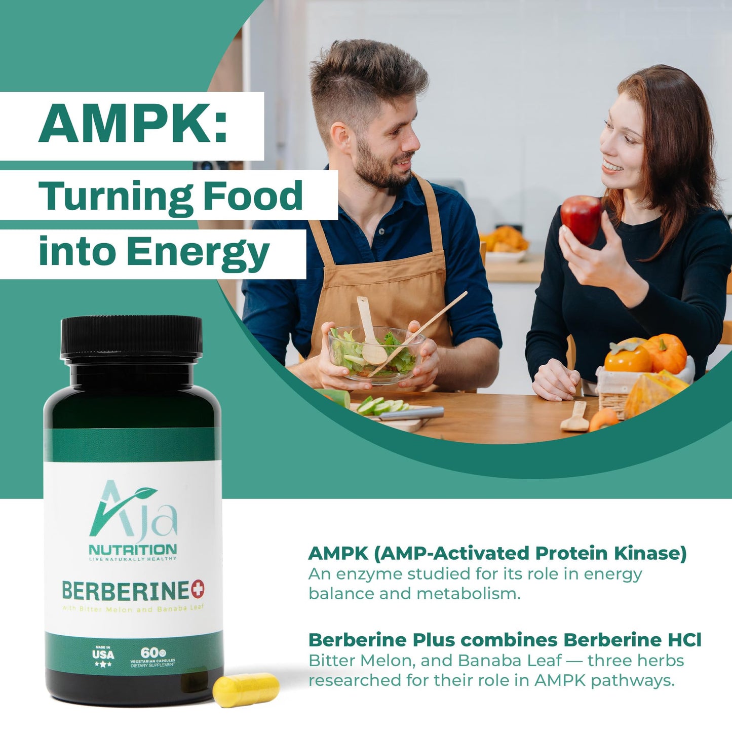 Aja Nutrition Berberine Plus – Triple Action Metabolic Support Supplement with Berberine HCl 500mg, Bitter Melon & Banaba Leaf – 1250mg Herbal Actives – Energy & Digestive Support – 60 Vegan Capsules - Medaid International