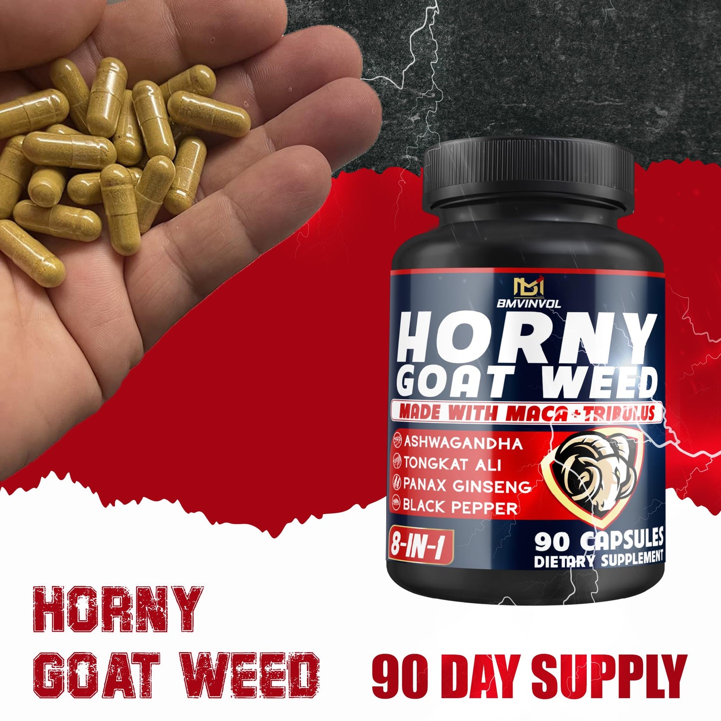 BMVINVOL Horny Goat Weed for Men - Extra Strength Supplement with Maca, Ginseng, Tribulus Terrestris, Ashwagandha - 90 Capsules - Medaid International