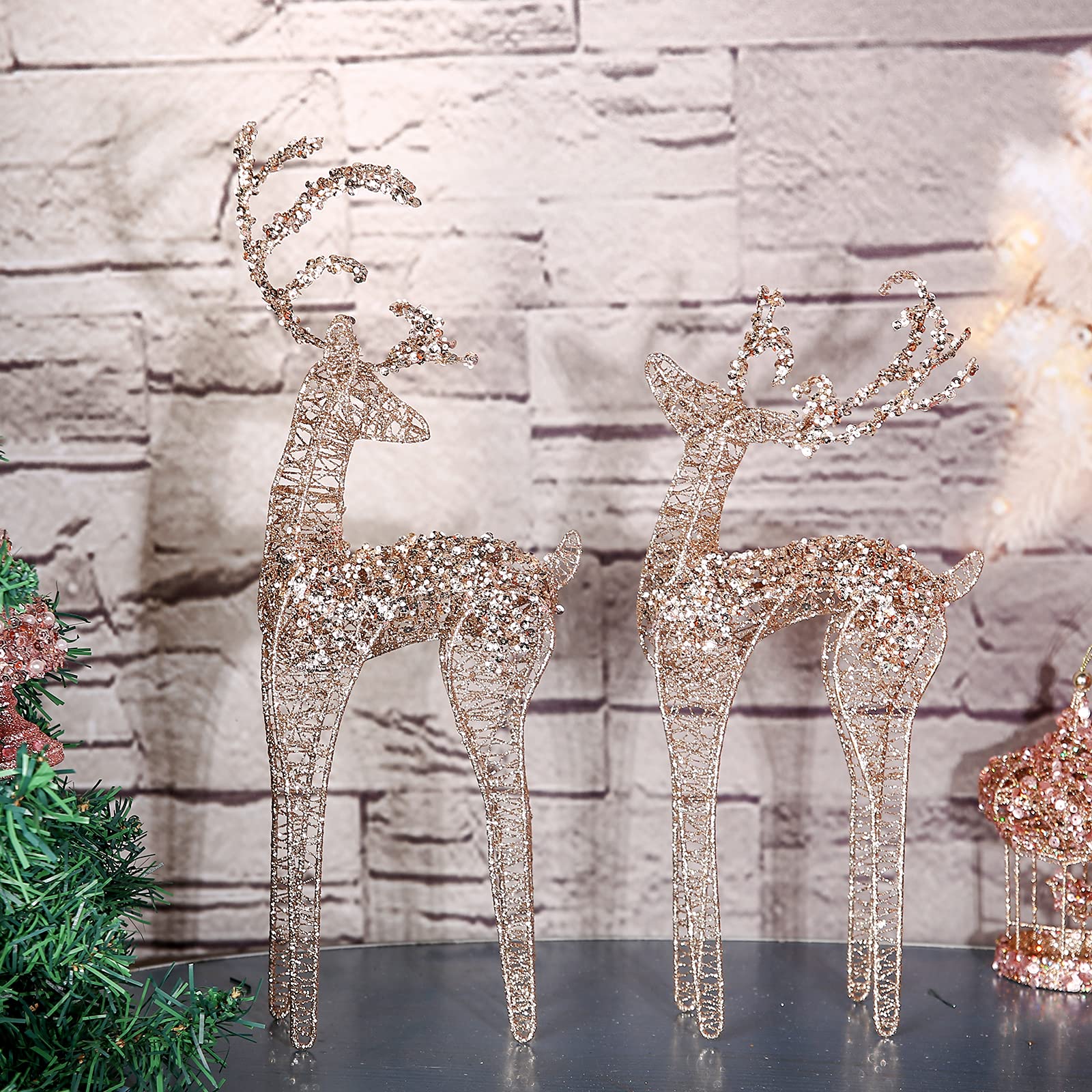 ZHANYIGY 2pc Set White Pearl Champagne Winding for Standing Reindeer Decorations Christmas Reindeer Figurine Table Desk Decorations Glittering Xmas Holiday Party Supply - Medaid International