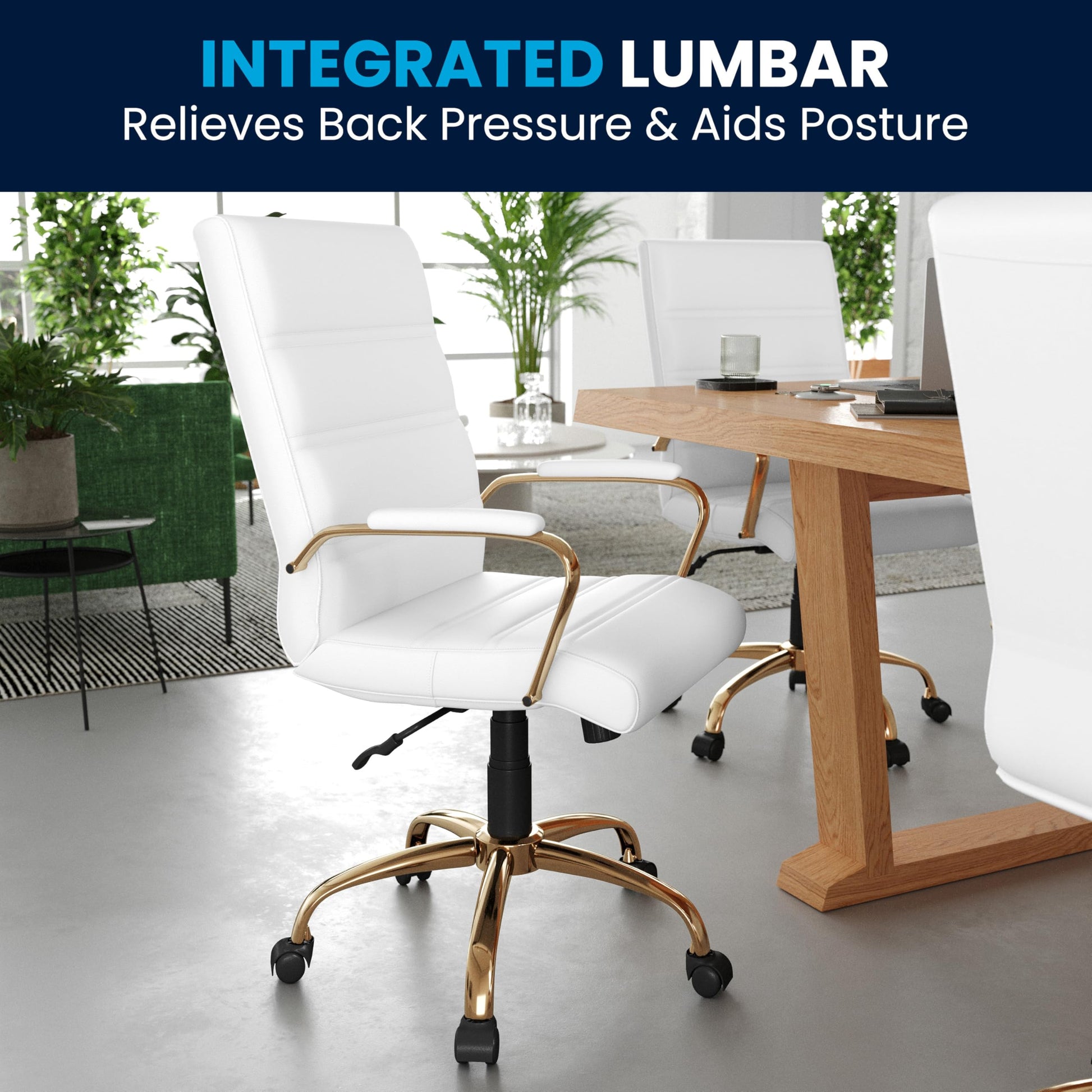 Flash Furniture Whitney Mid-Back Swivel LeatherSoft Desk Chair with Padded Seat and Armrests, Adjustable Height Padded Office Chair, White/Gold - Medaid International