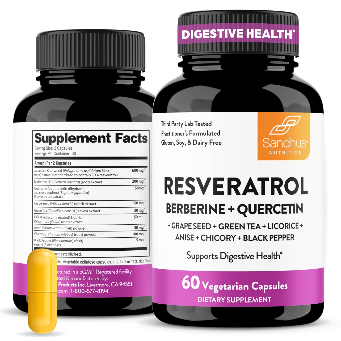 Sandhu's Resveratrol with Berberine for Gut Health | Digestive Supplement for Women & Men | Green Tea, Star Anise, DGL, Grape Seed Extract & Quercetin | Eases Bloating | 60 Capsules (Pack of 1) - Medaid International