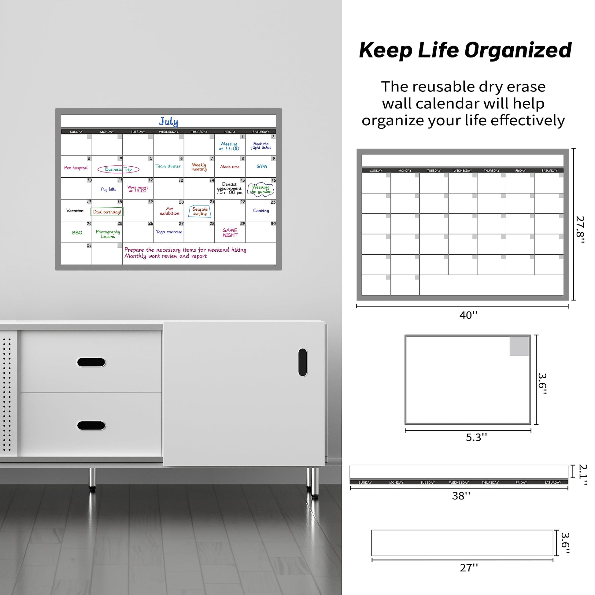 Large Dry Erase Calendar for Wall, Undated 1 Month Wall Calendar, 40" x 28" Erasable & Reusable Laminated Calendar, 10 Round Stickers, Great Layout Wall Calendar Monthly for Home Office School - Medaid International