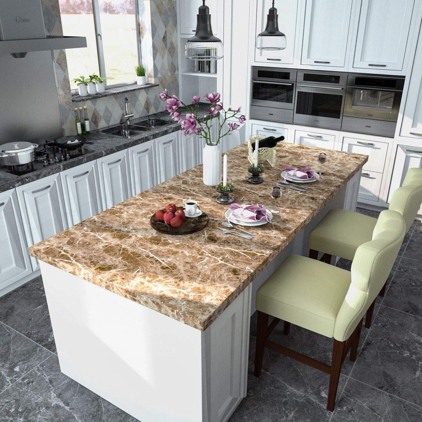 VEELIKE Faux Marble Counter Top Covers Peel and Stick Wallpaper Granite Contact Paper Decorative Kitchen Wall Paper Brown Waterproof Self Adhesive Removable Wallpaper for Cabinet Locker 15.7inx354in - Medaid International