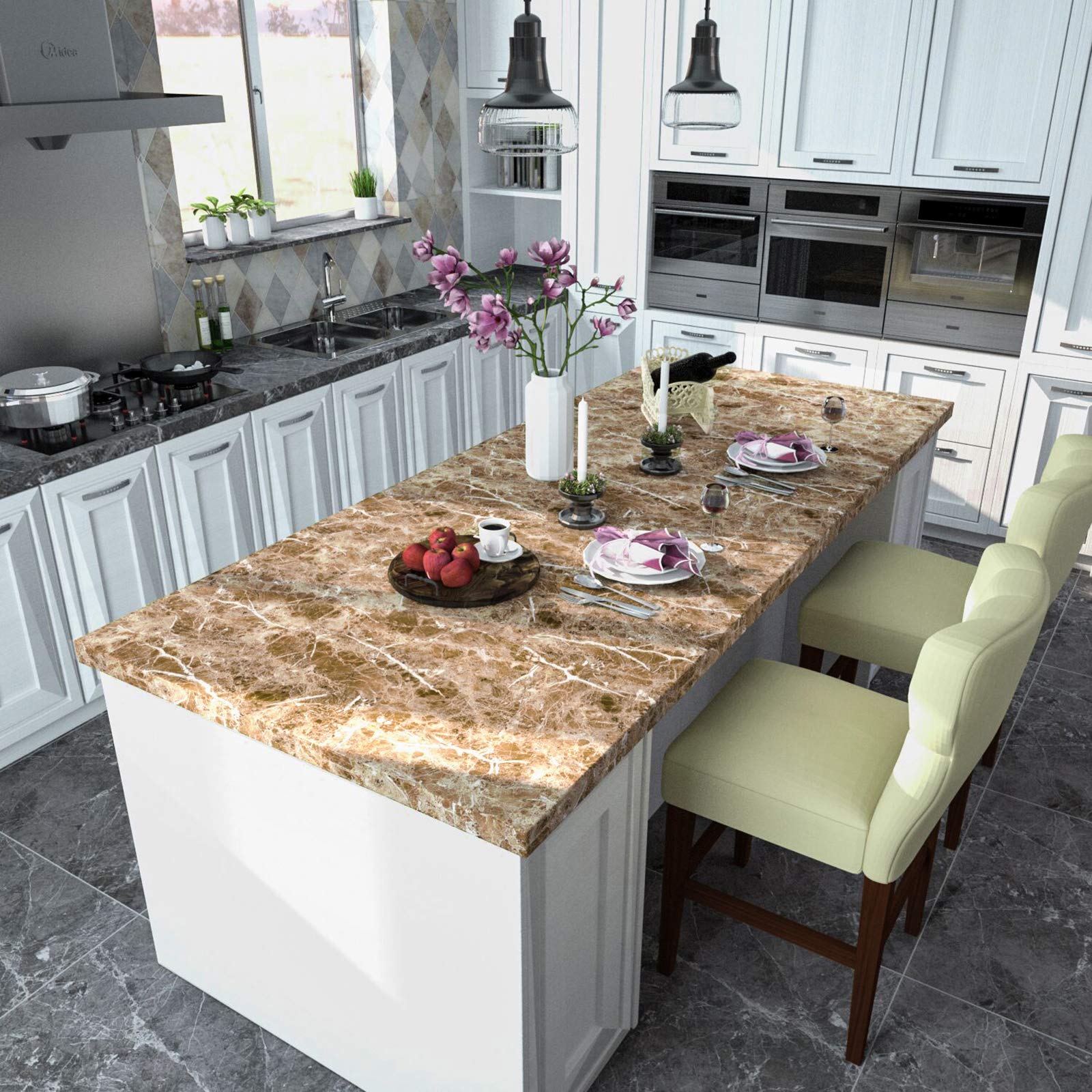 VEELIKE Faux Marble Counter Top Covers Peel and Stick Wallpaper Granite Contact Paper Decorative Kitchen Wall Paper Brown Waterproof Self Adhesive Removable Wallpaper for Cabinet Locker 15.7inx354in - Medaid International