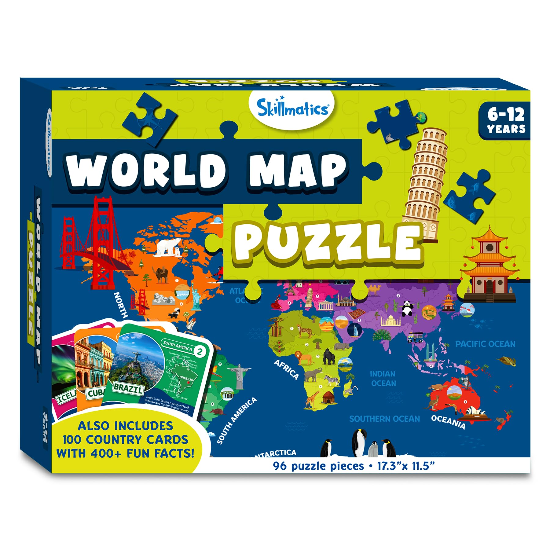 Skillmatics World Map Puzzle - 96 Piece Jigsaw Puzzle, Educational Toy, Geography for Kids, 400+ Facts, Gifts for Boys & Girls Ages 6 to 12 - Medaid International