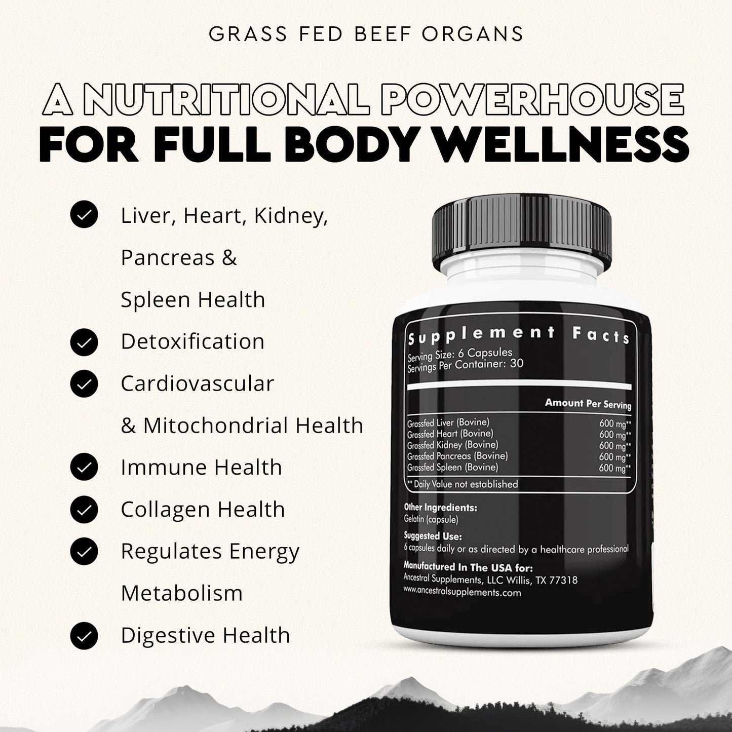 Ancestral Supplements Grass Fed Beef Organ Supplement, Supports Whole Body Wellness with Proprietary Blend of Liver, Heart, Kidney, Pancreas, Spleen, Freeze-Dried Beef, Non-GMO, 180 Capsules - Medaid International