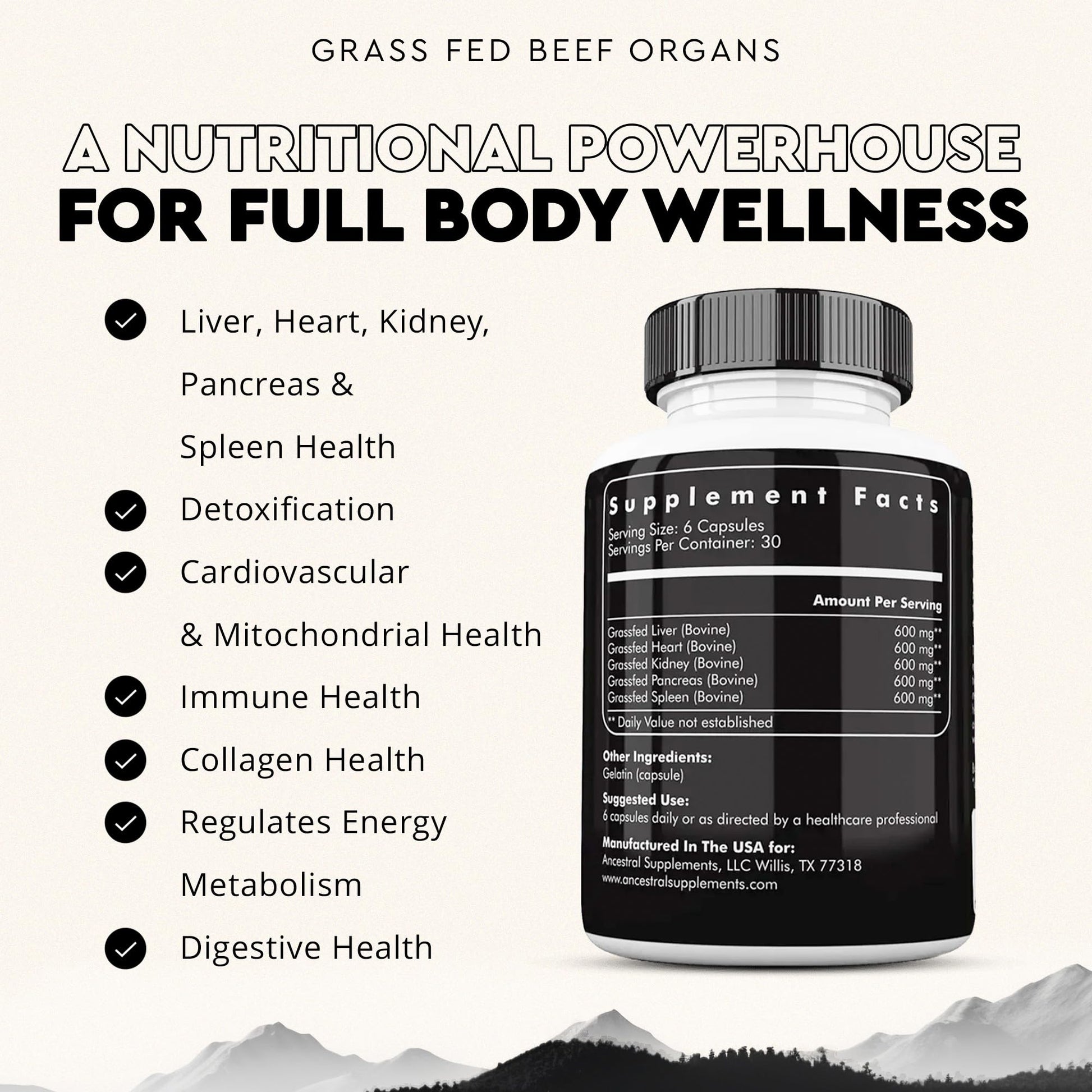Ancestral Supplements Grass Fed Beef Organ Supplement, Supports Whole Body Wellness with Proprietary Blend of Liver, Heart, Kidney, Pancreas, Spleen, Freeze-Dried Beef, Non-GMO, 180 Capsules - Medaid International